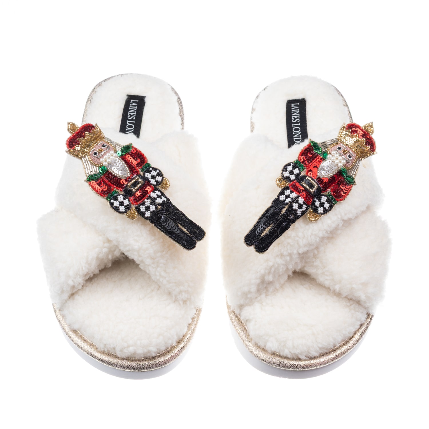 Laines London Women's Neutrals / White Laines Boucle Slippers With Double Red Grand Nutcrackers Brooches - Cream In White