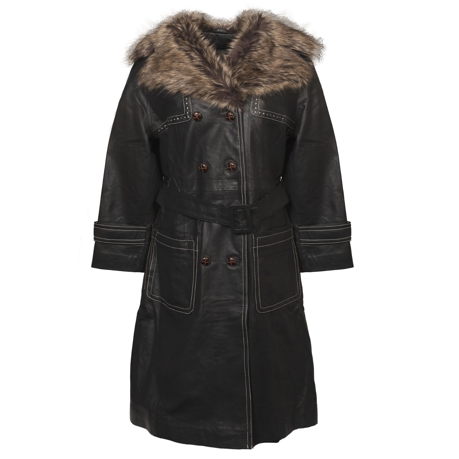 Women's Royal Julep - Black Leather Long Coat | Large | Zastastudio