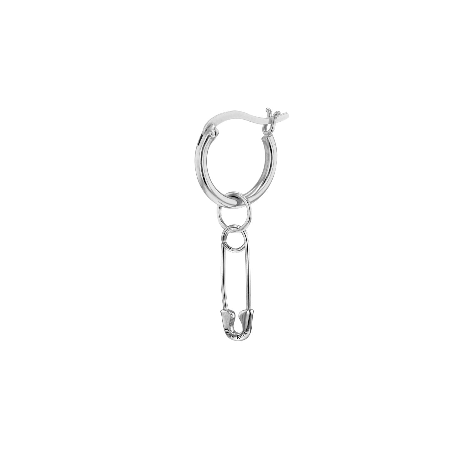 True Rocks Women's Mini Safety Pin Charm In Sterling Silver On Silver Hoop In Metallic