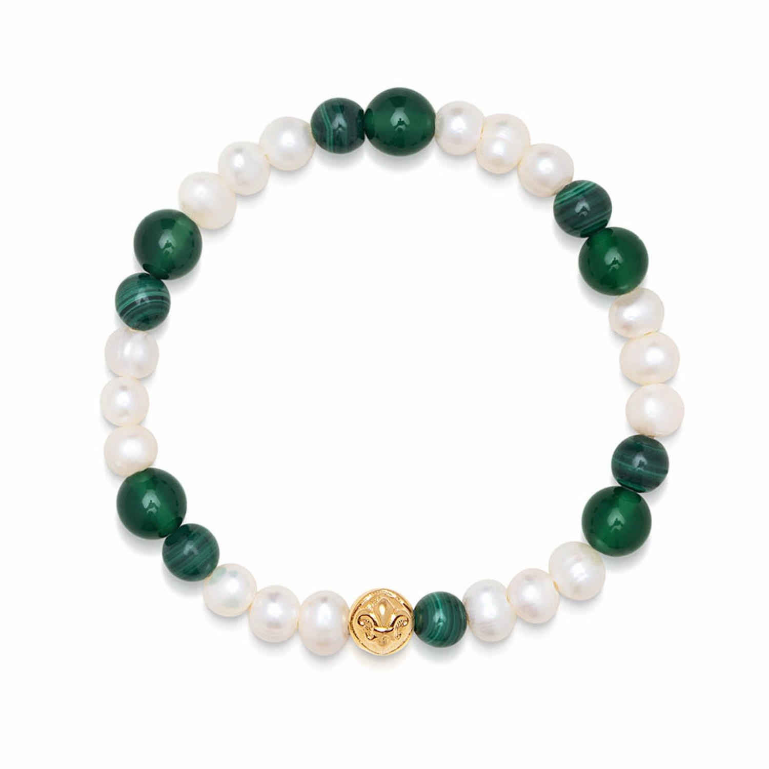 Nialaya Men's Gold / Green / White Pearl Wristband With Green Aventurine And Malachite