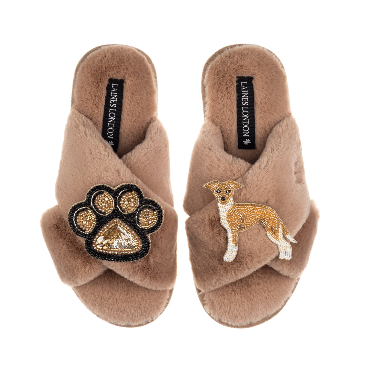 Laines London Women's Blue / Neutrals Classic Laines Slippers With Paw & Fawn & White Italian Greyhound Brooches - In Multi