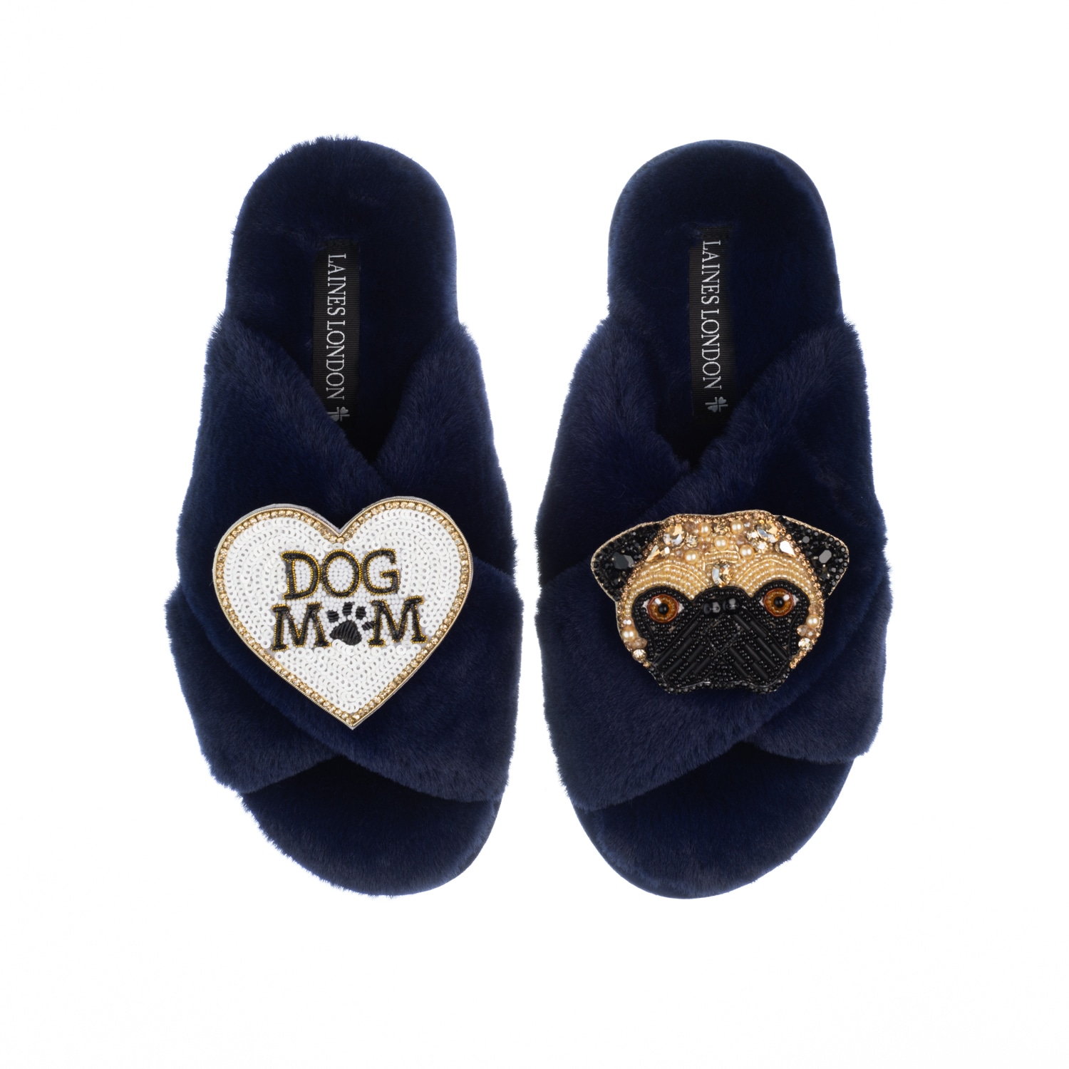 Women’s Blue Classic Laines Slippers With Franki Pug & Dog Mum / Mom Brooches - Navy Medium Laines London