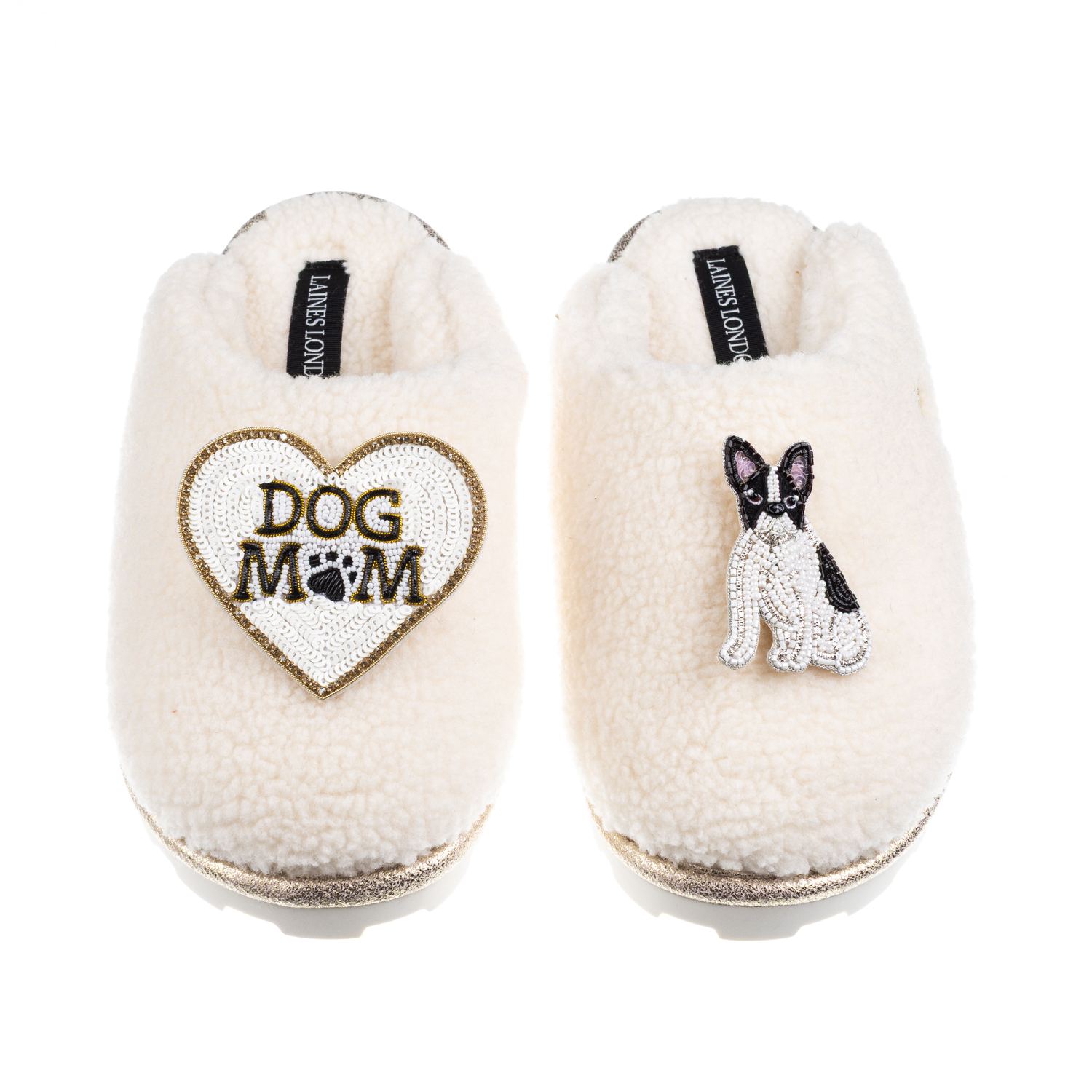 Laines London Women's Neutrals / White Teddy Closed Toe Slippers With Dog Mum/mom & Black/white Sitting French Bul In White