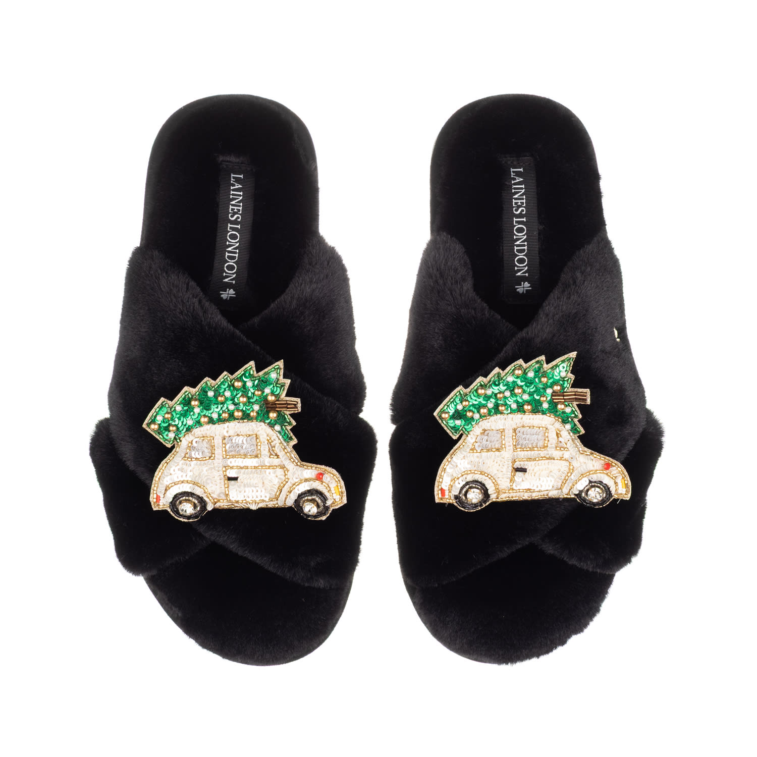 Laines London Women's Classic Laines Christmas Collection Slippers With Double Cream & Gold Christmas Car Brooches In Black