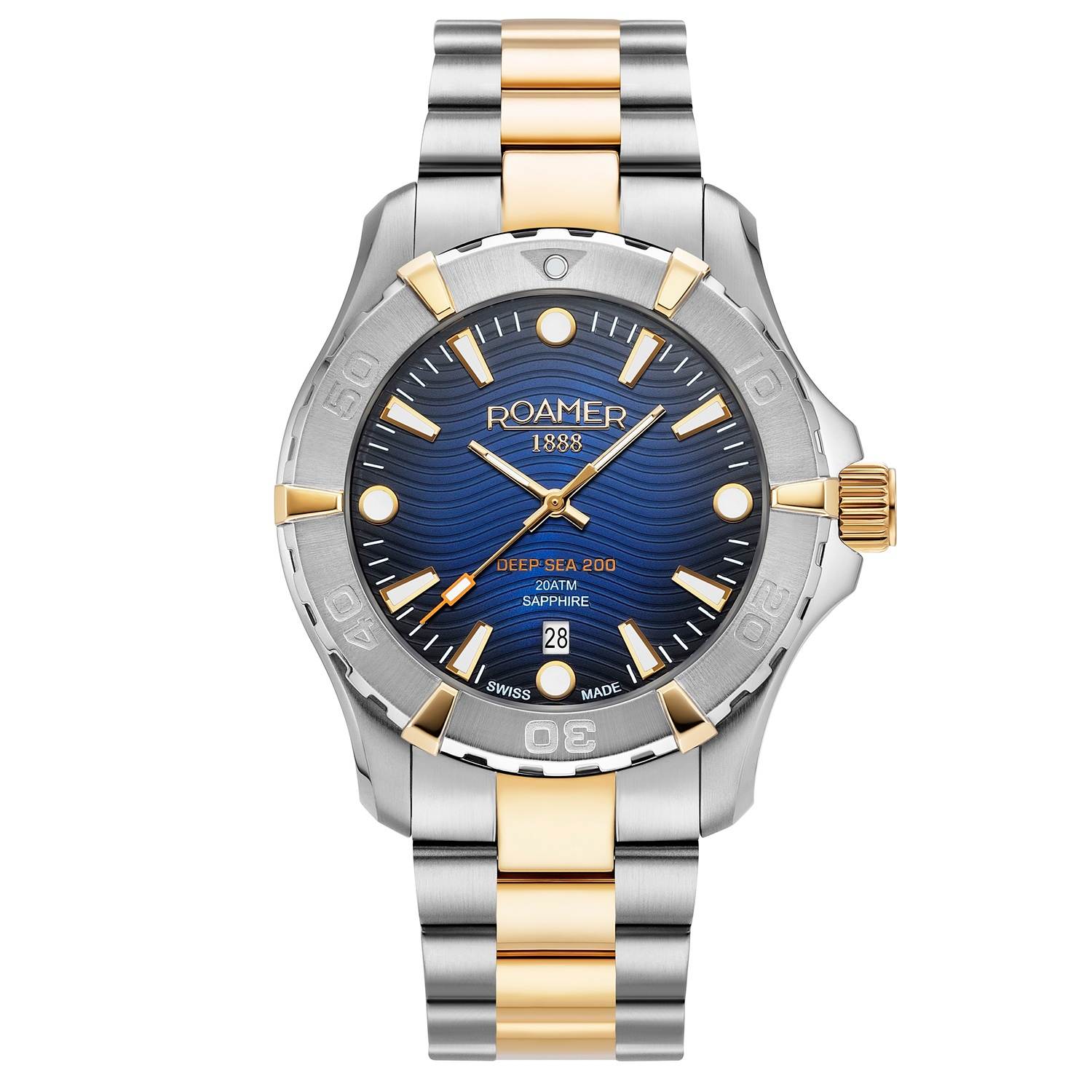 Men's Roamer Of Switzerland Deep Sea Blue Dial Gold Two Tone Stainless Steel Divers Sports Watch