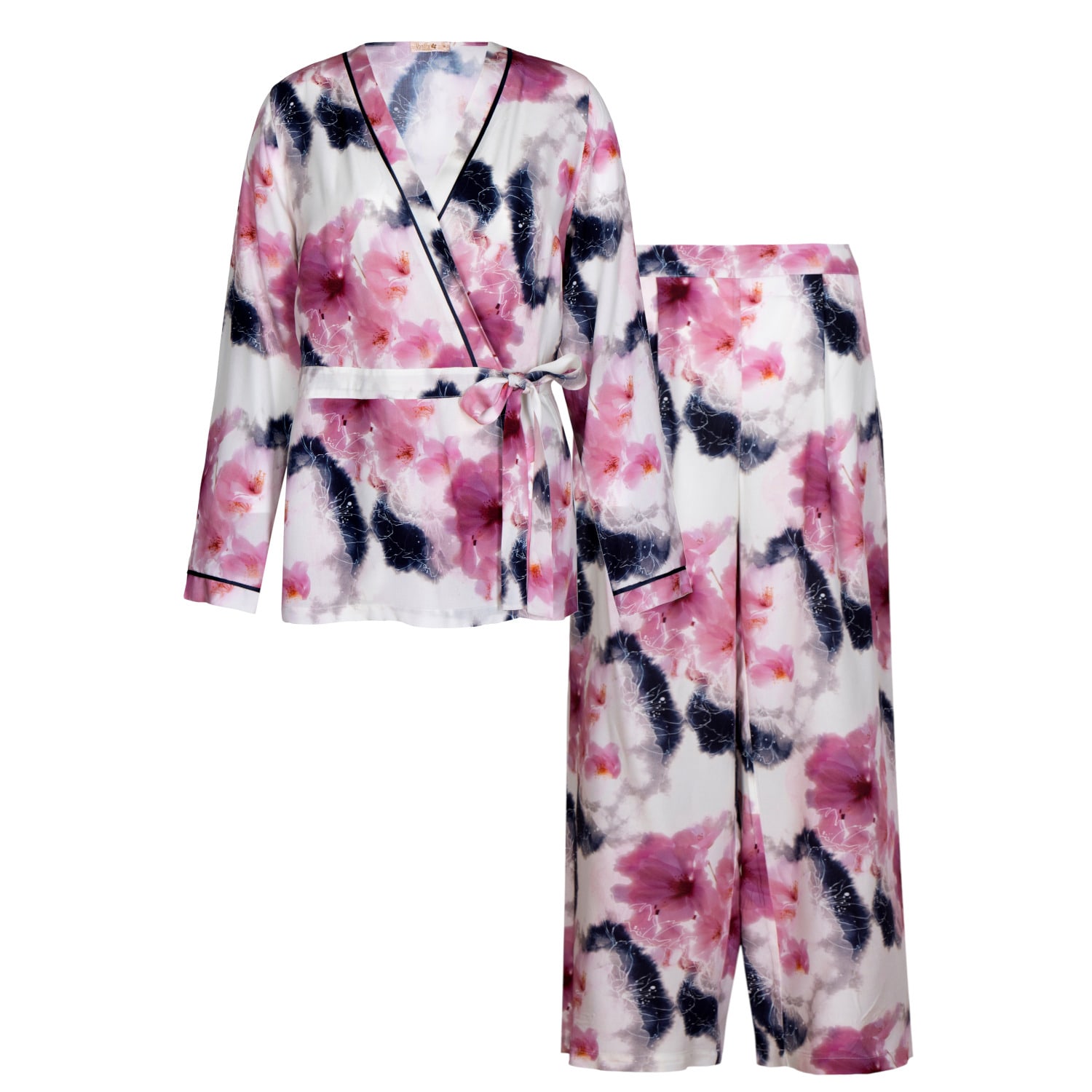 Women’s Pink / Purple Wrap Pyjama Set - Printed Viscose Large Oh!Zuza Night & Day