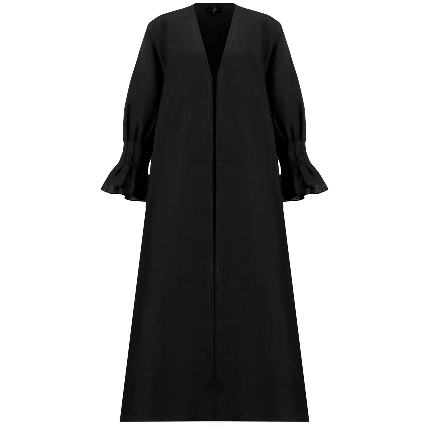 Azzalia Women's Pure Linen Abaya In Classic Cut With Flared Sleeves With Fitted Stitches Cuff In Jet Black C In Black