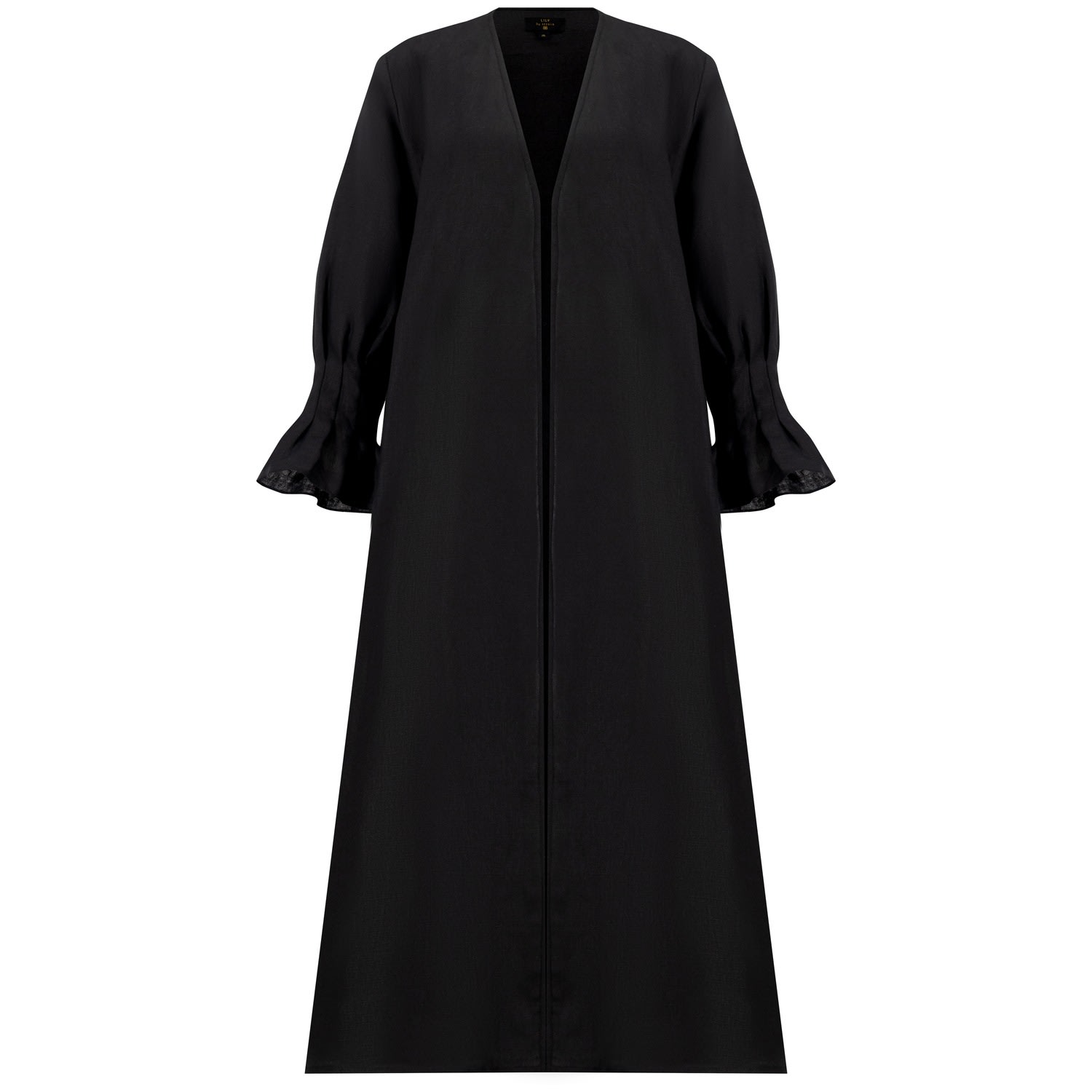 Women’s Pure Linen Abaya In Classic Cut With Flared Sleeves With Fitted Stitches Cuff In Jet Black Color Large Azzalia