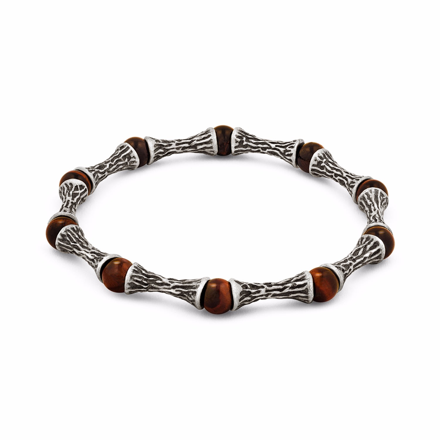 Men’s Red / Silver Red Tiger Eye Beads Oxidized Sterling Silver Bracelet Snake Bones