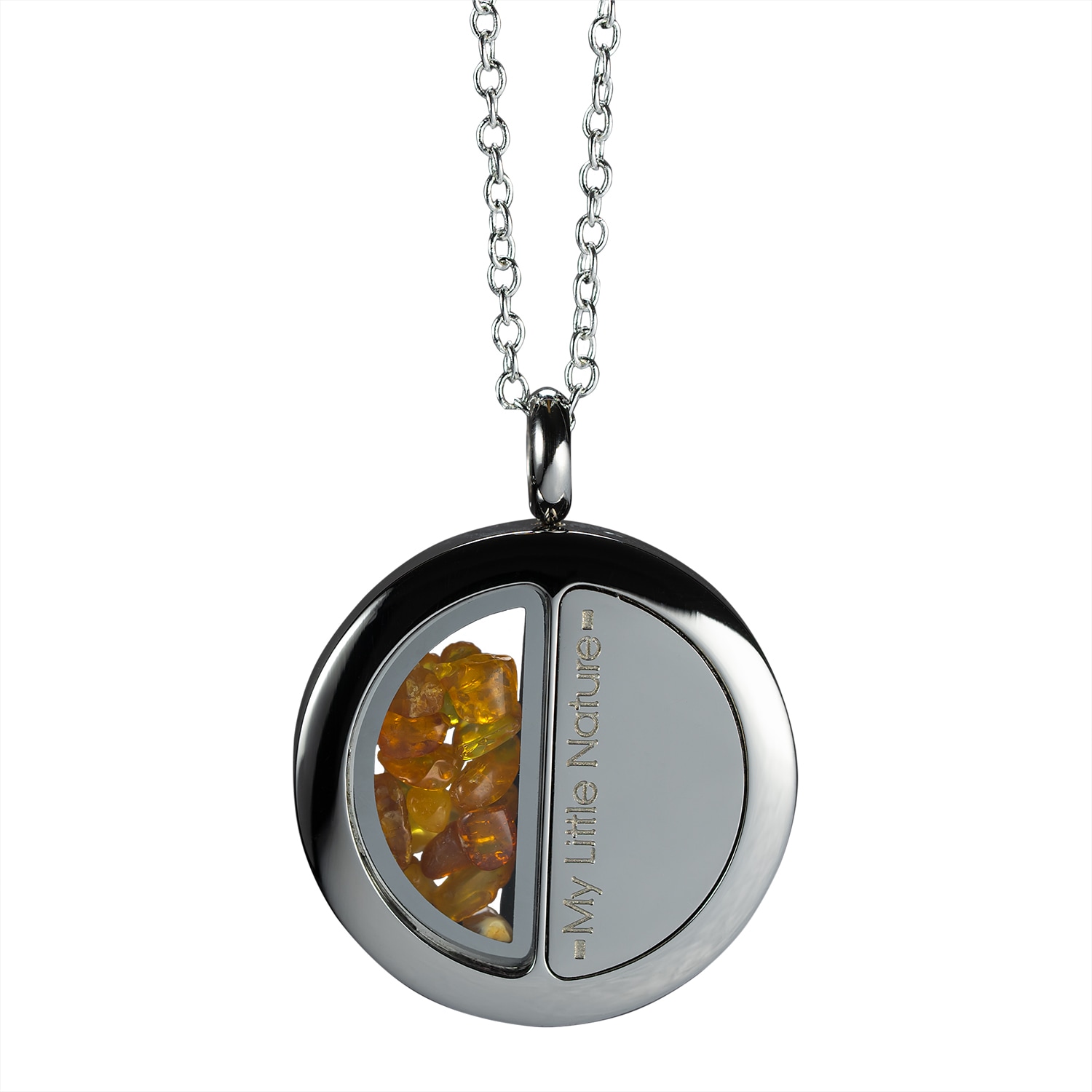 My Little Nature Women's Yellow / Orange / Silver Stainless Steel Duality Birthstones Necklace With Natural Amber Sto In Gray