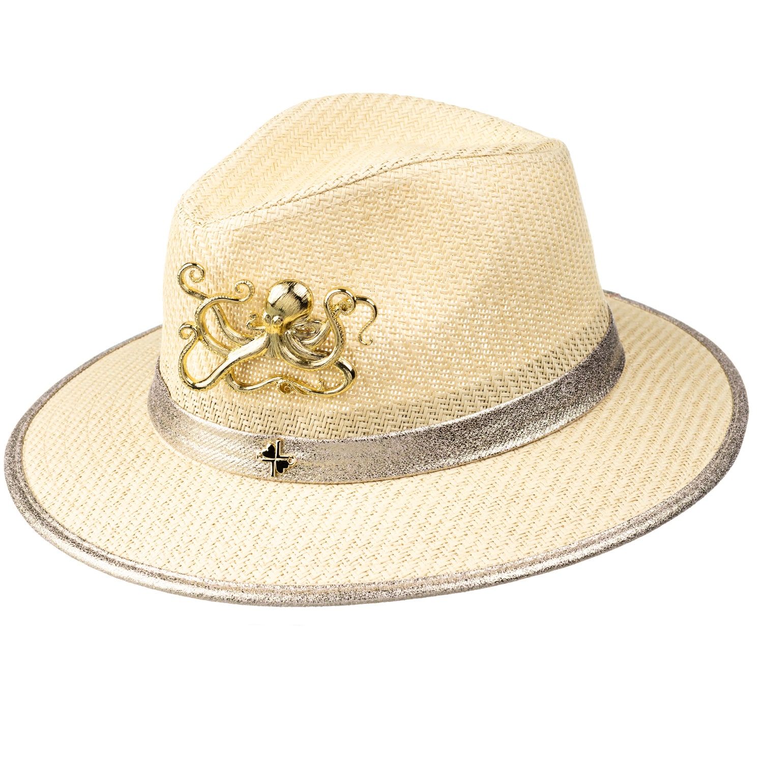 Women’s Neutrals Straw Woven Hat With Gold Metal Octopus Brooch - Cream One Size Laines London