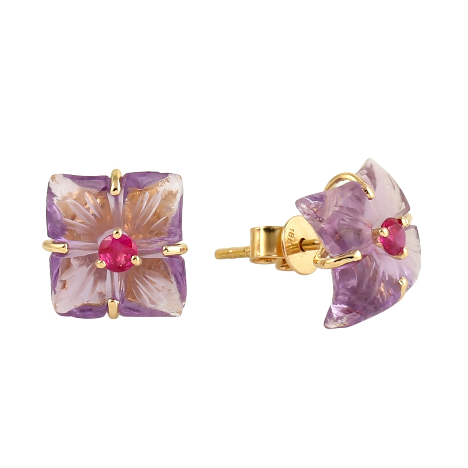 Women’s Gold / Pink / Purple Carved Mix Stone & Ruby In 18K Yellow Gold Mini Flower Stud Earrings Artisan