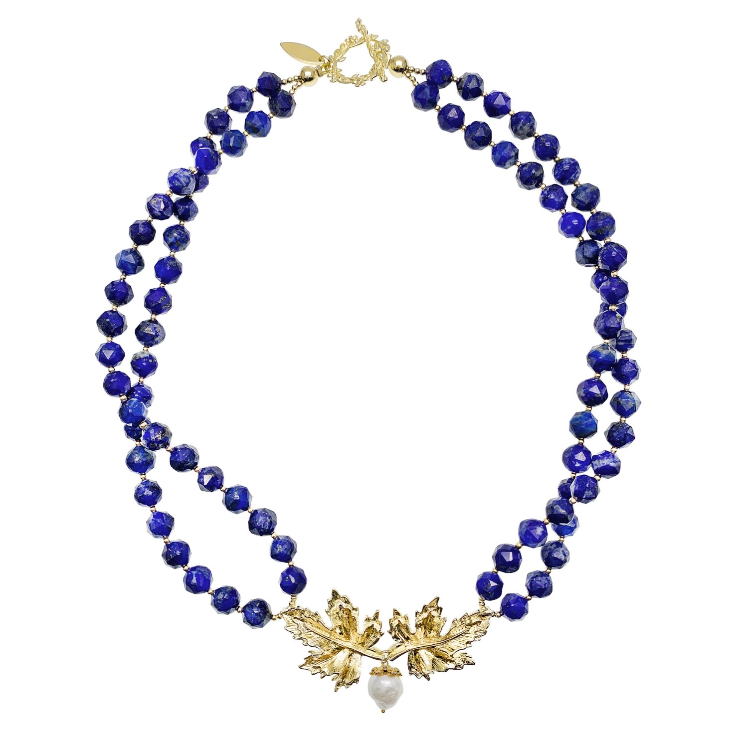 Farra Women's Blue Lapis Stones With Leaf Charm Double Strands Statement Necklace