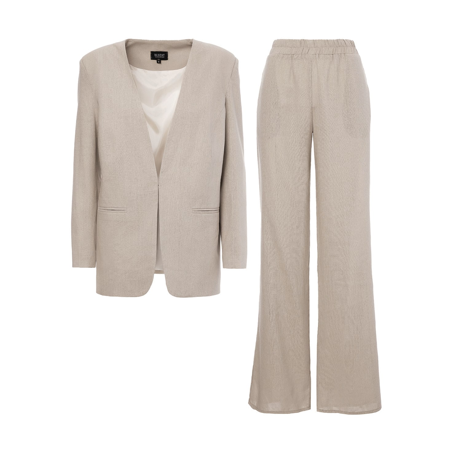 Bluzat Women's Neutrals Beige Linen Suit With Blazer And Straight Trousers In Beige