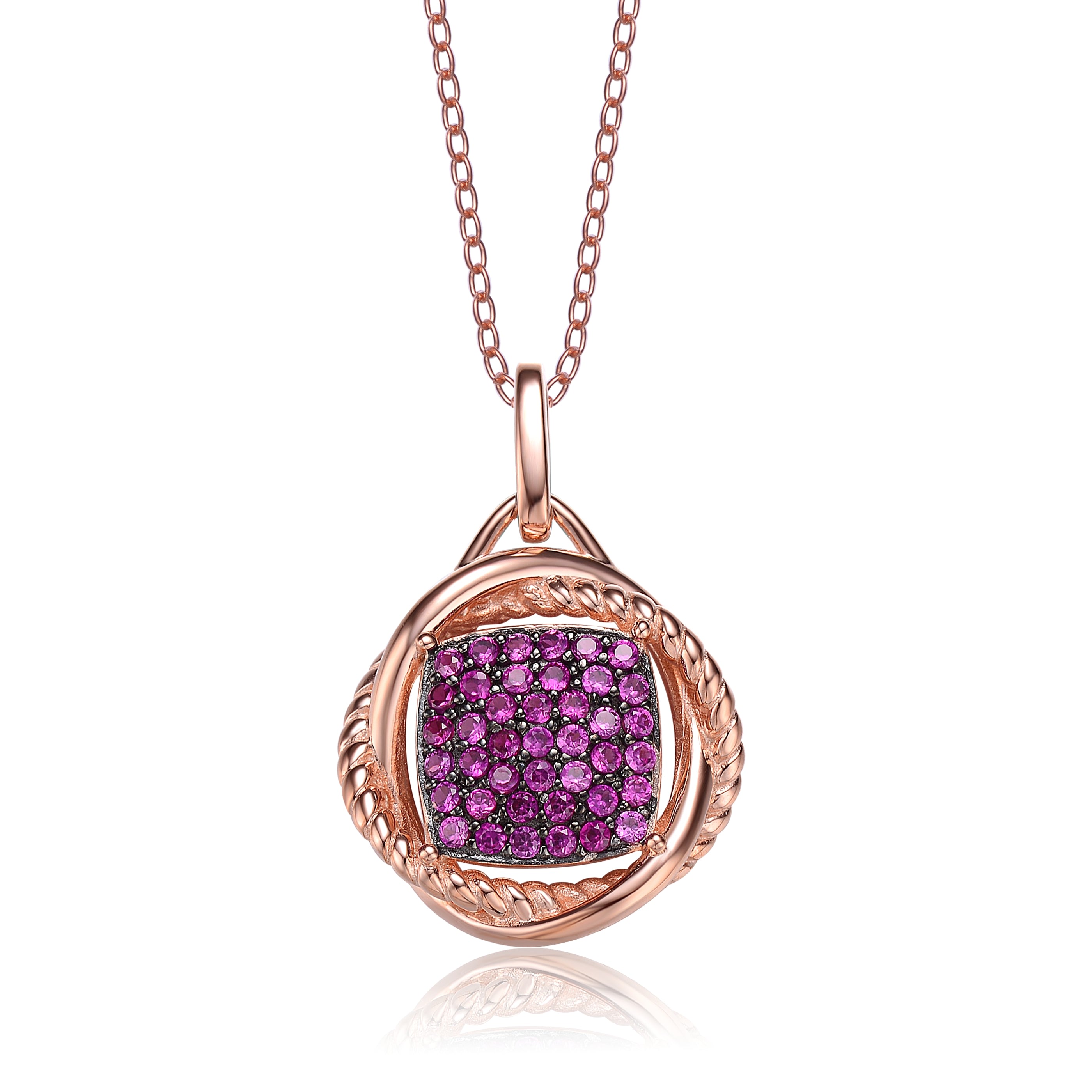 Women’s Pink / Purple / Black Sterling Silver With Rose Gold & Black Plated Circular Rope Style Halo Pendant With Purple Round Cubic Zirconias Pave Necklace Genevive Jewelry