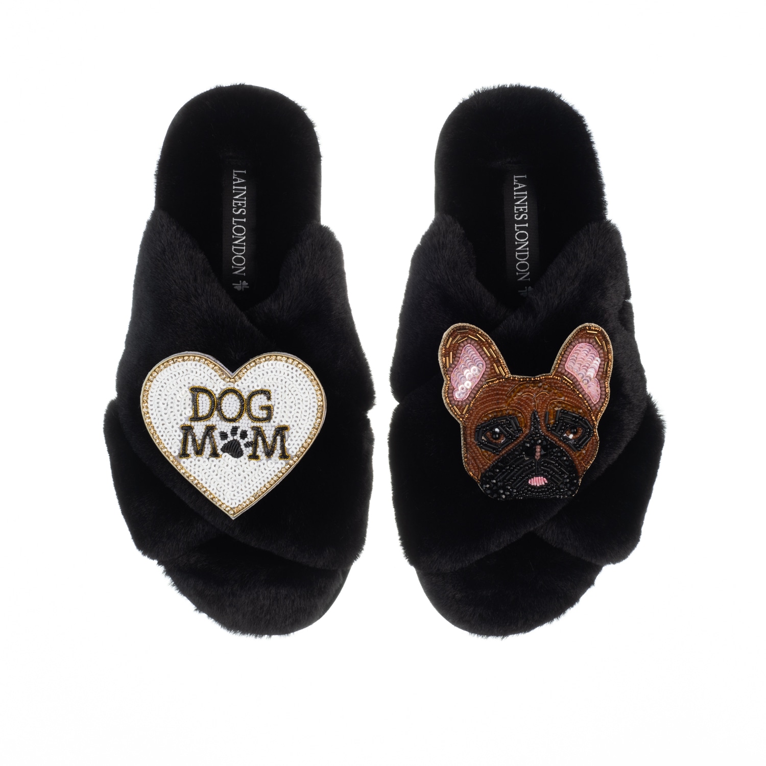 Laines London Women's Classic Laines Slippers With Cookie The Frenchie & Dog Mum / Mom Brooches - Black In Black
