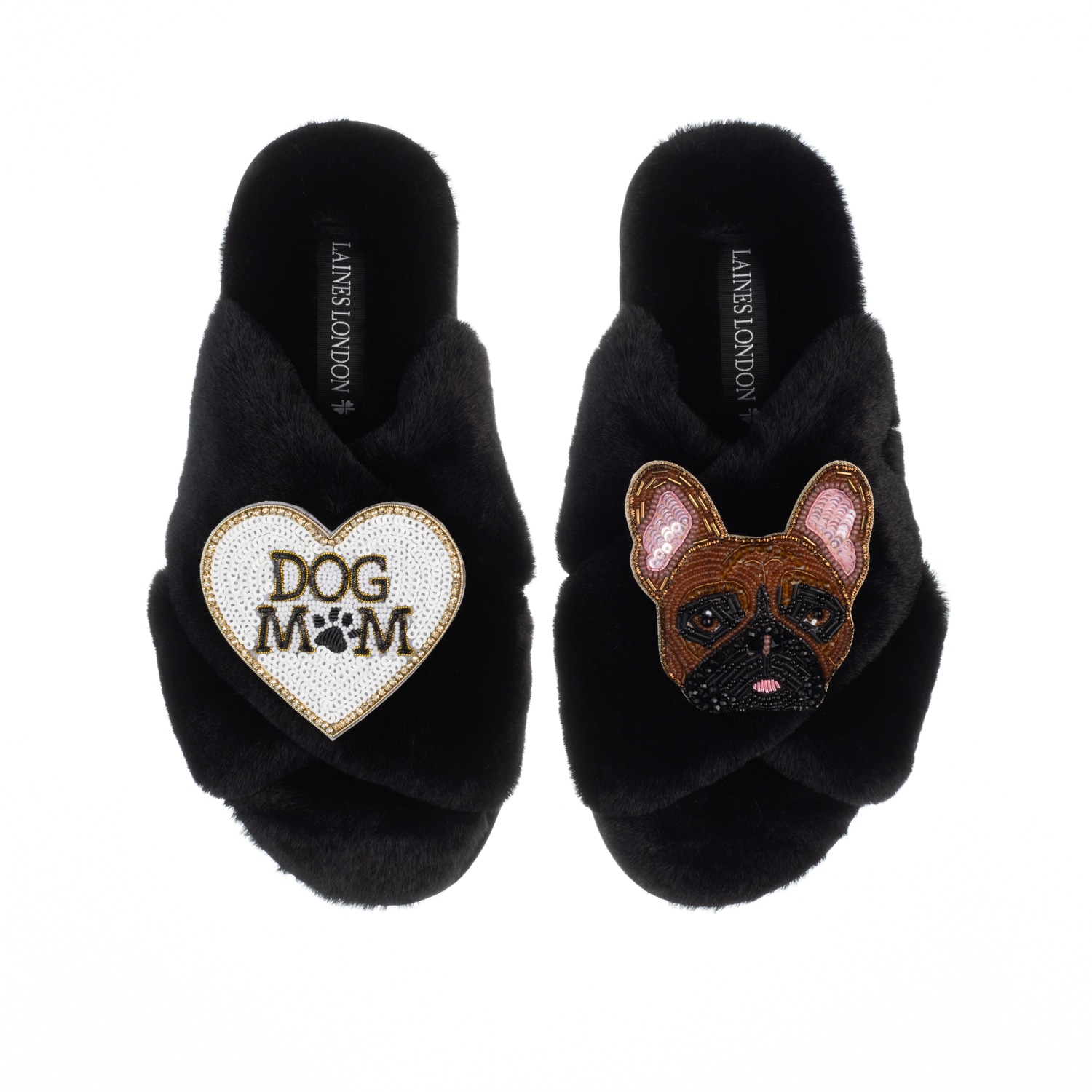 Women’s Classic Laines Slippers With Cookie The Frenchie & Dog Mum / Mom Brooches - Black Medium Laines London