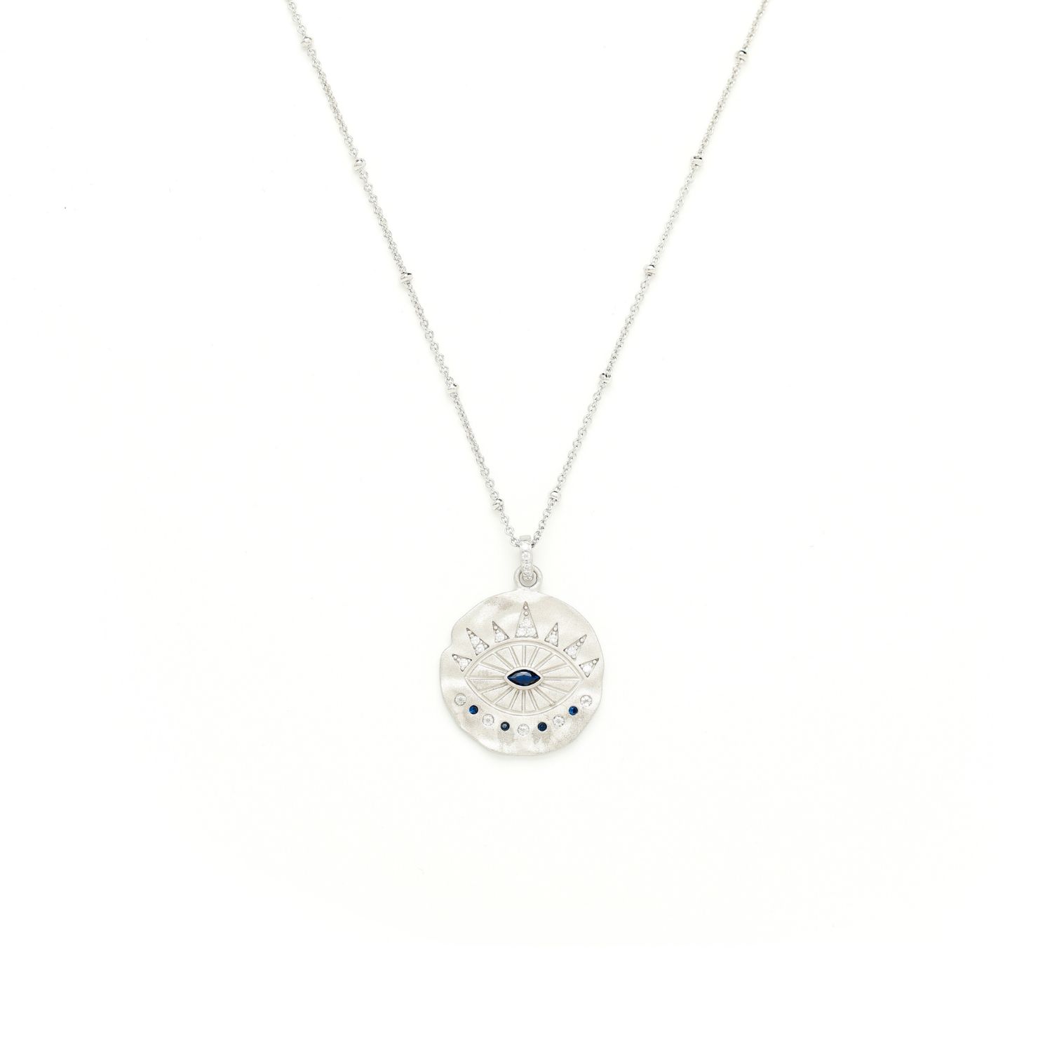 Seven Saints Women's Evil Eye Protection Necklace, White Rhodium Over Sterling Silver With Sapphire, Matte Finish In Metallic