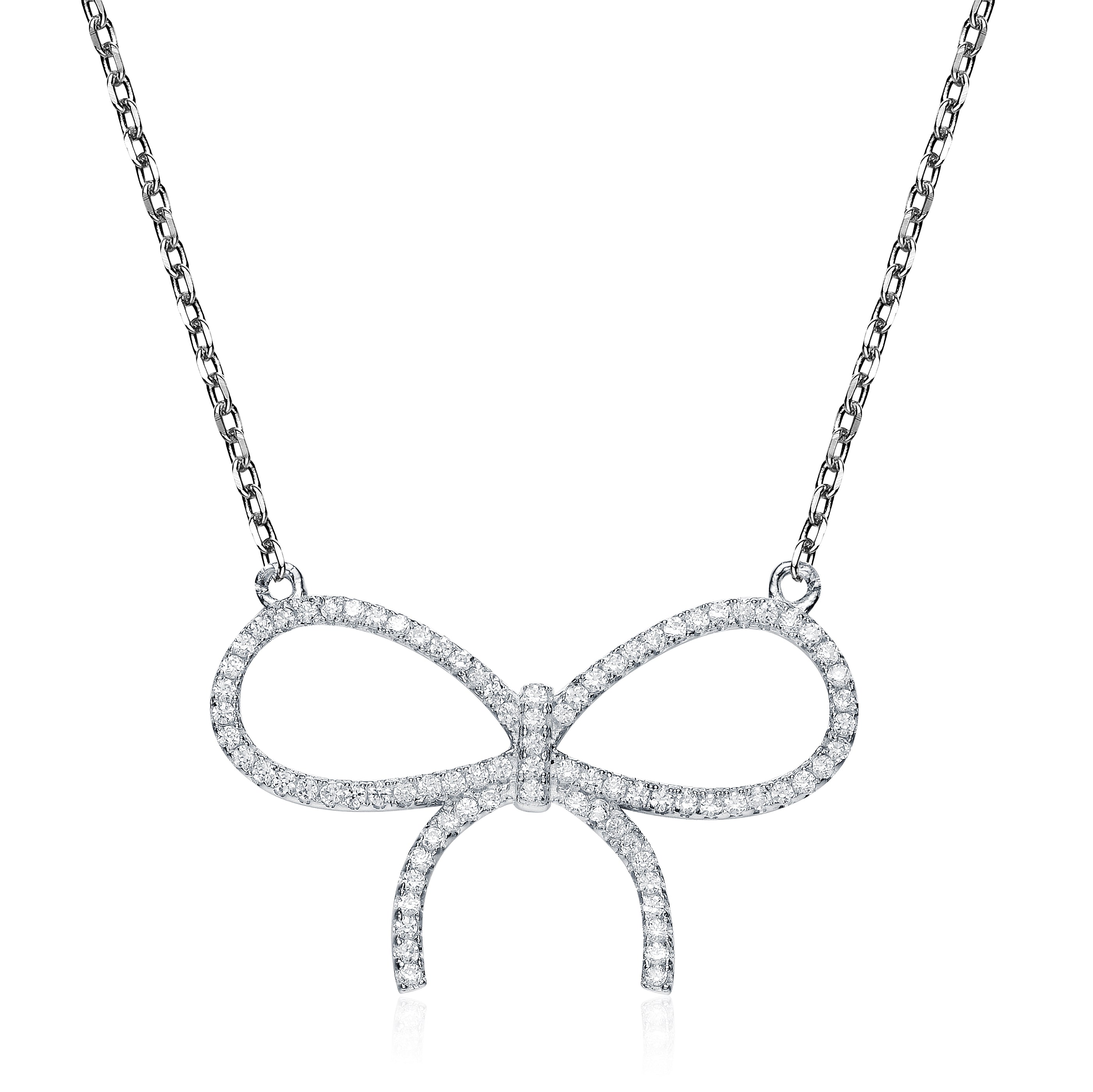 Women’s White / Silver Sterling Silver With Clear Cubic Zirconia Bow Tie Necklace Genevive Jewelry