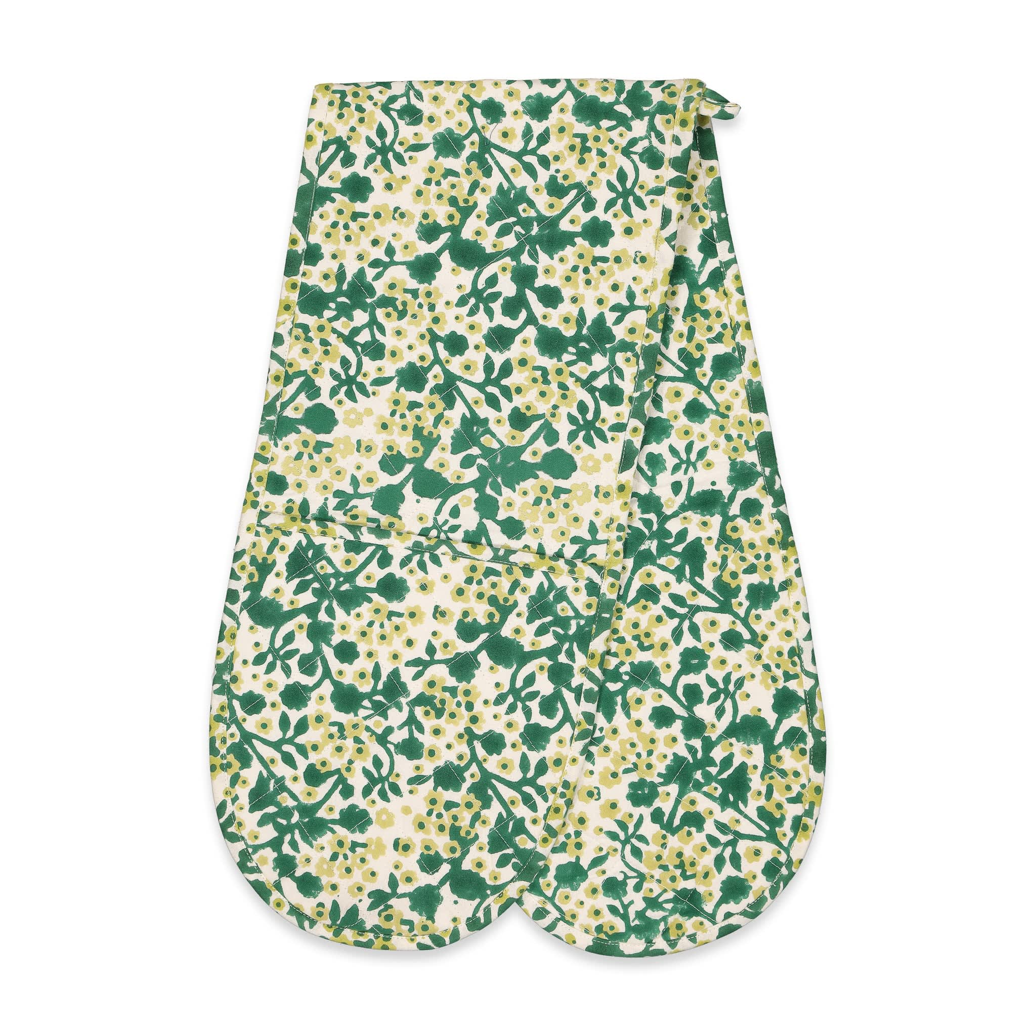 Organic Cotton Quilted And Insulated Double Oven Mitt In Moss Green Floral  Melody Block Print, Kate Austin Designs