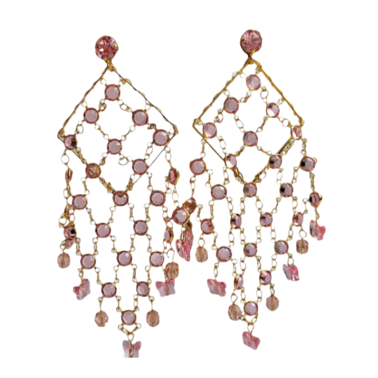 Laura Gray Women's Pink / Purple Pink Crystal Butterfly Chandelier Earrings