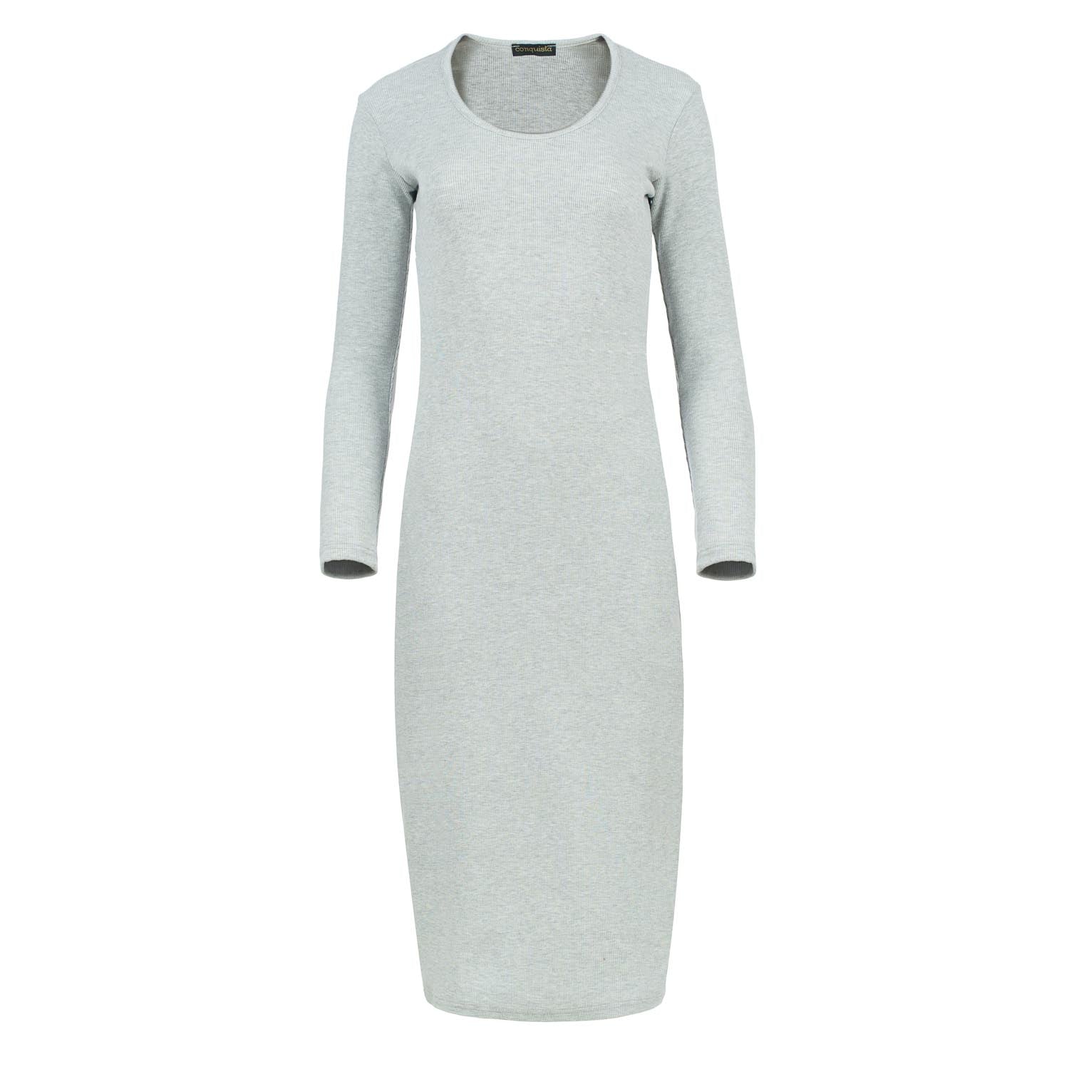 Conquista Women's Grey Long Sleeve Round Neck Midi Dress In Ribbed Cotton-elastane Gray Melange