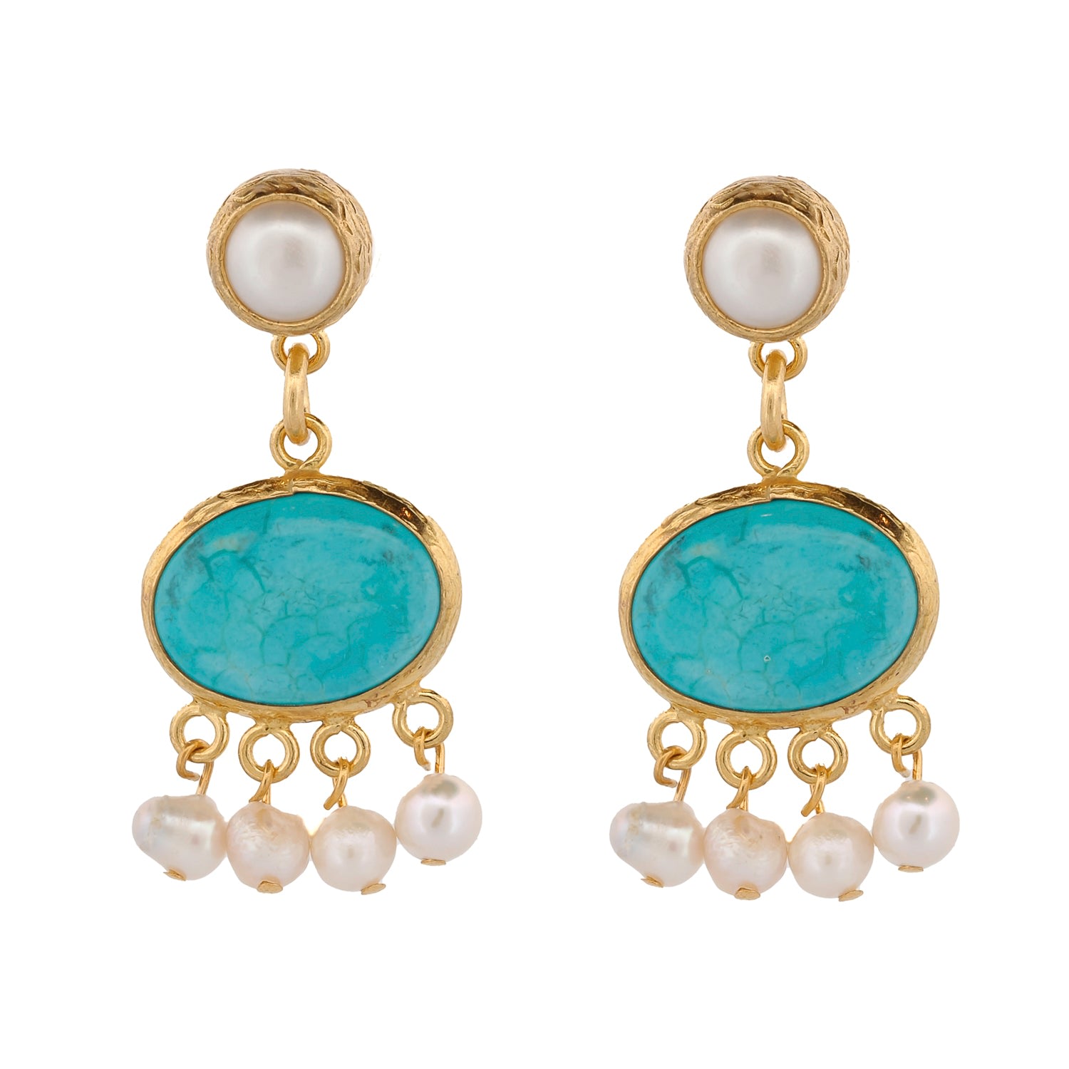 Women’s Gold / Blue / White Cleopatra Pearl & Turquoise Stone Tassel Earrings - Turquoise Ebru Jewelry