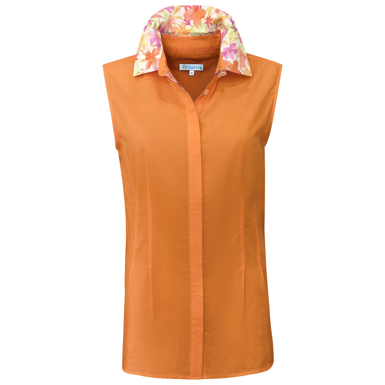 Perlavera Women's Yellow / Orange Cathy Orange Solid Soft Cotton Sleeveless Shirt With Printed Details In Orange