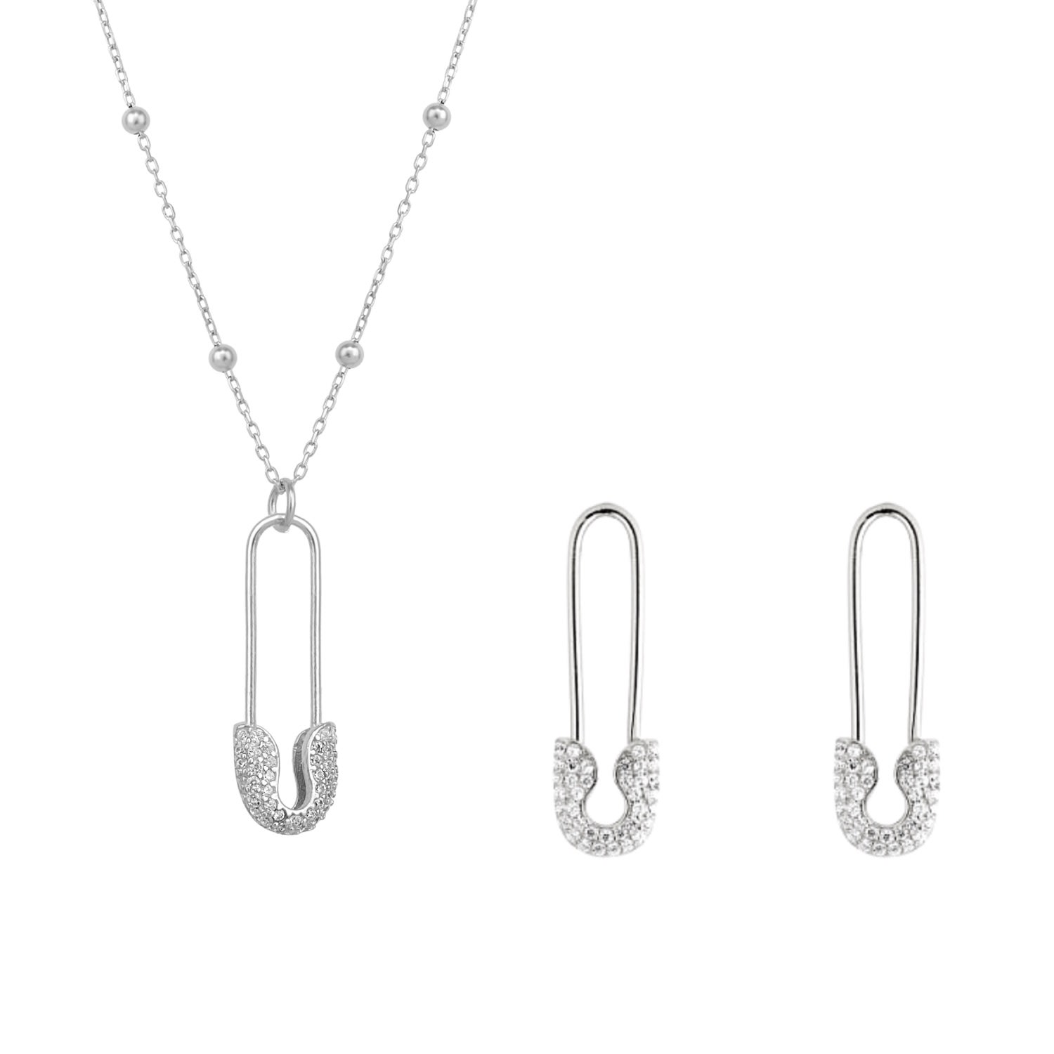 Women’s Sterling Silver Jewelled Safety Pin Necklace With Beaded Chain & Earring Set - Silver Spero London