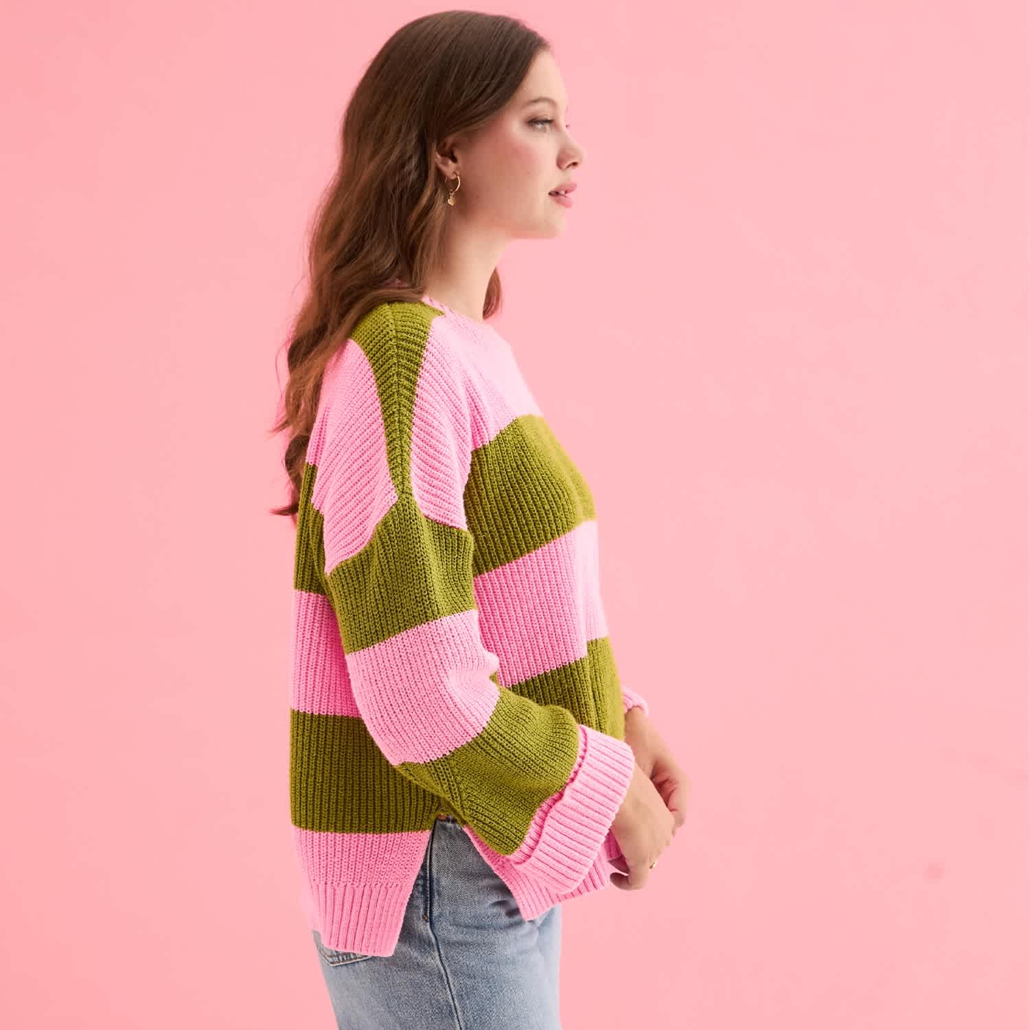 Rhiannon Recycled Cotton Chunky Stripe Jumper - Pink And Green