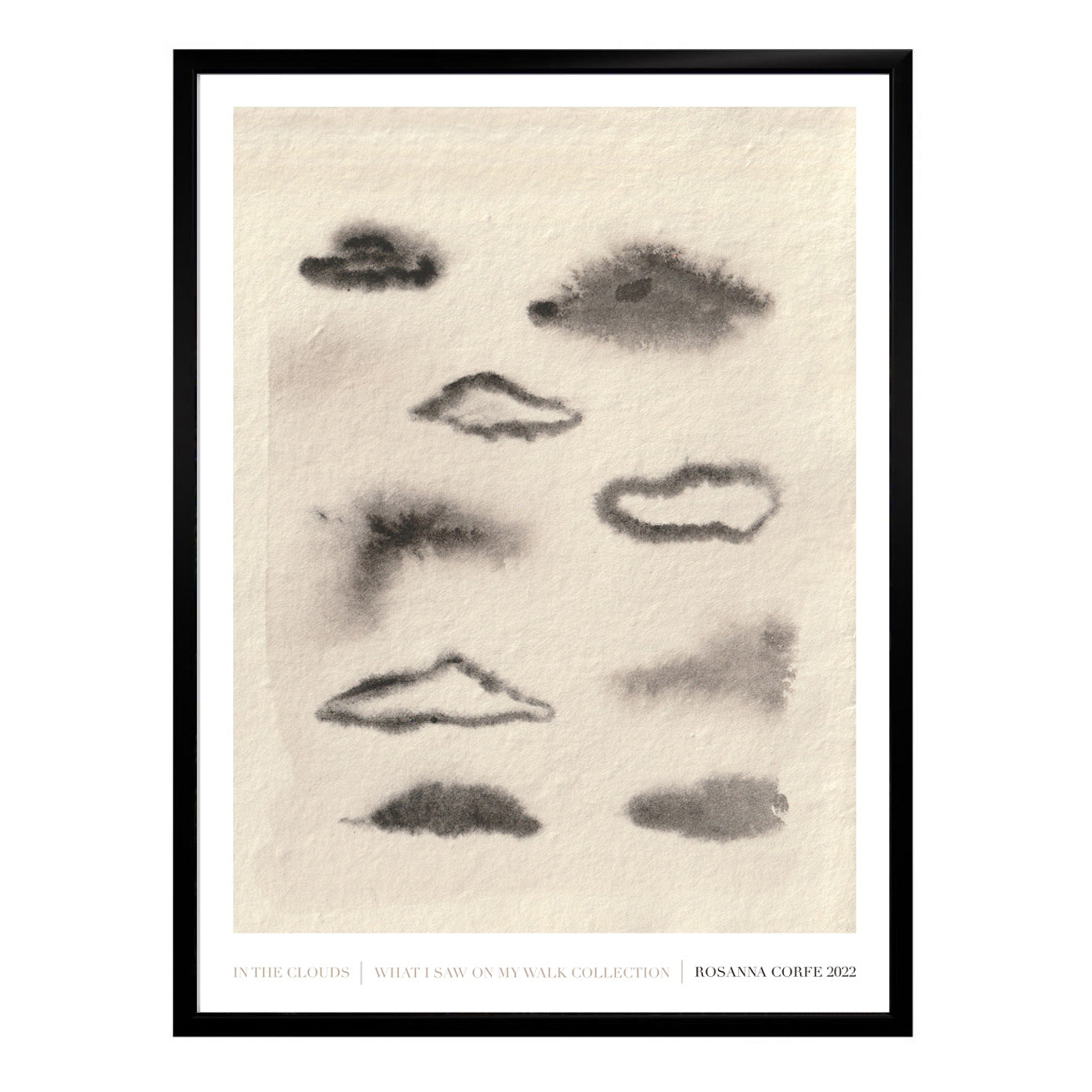 Rosanna Corfe Grey / White / Black A3 - Clouds Abstract Ink Art Print - Cream Grey In Grey/white/black