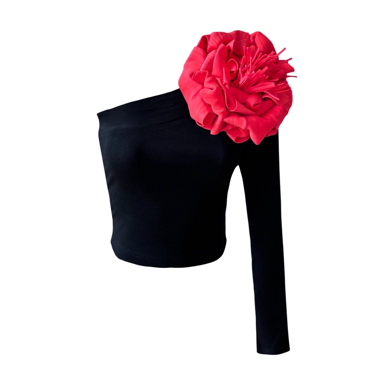 Black One Sleeve Top With Red Flower Pin | London Atelier