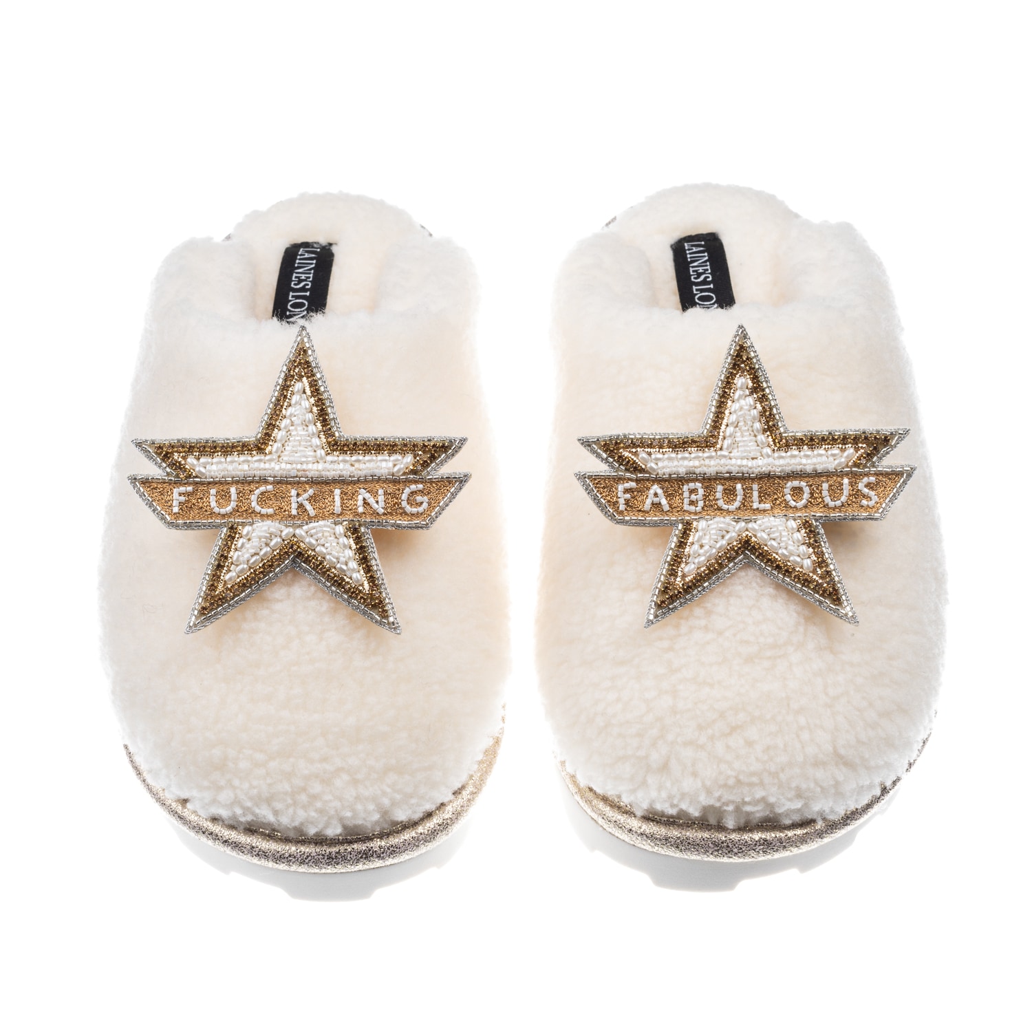 Laines London Women's White Teddy Closed Toe Slippers With Fucking Fabulous Brooches - Cream In White