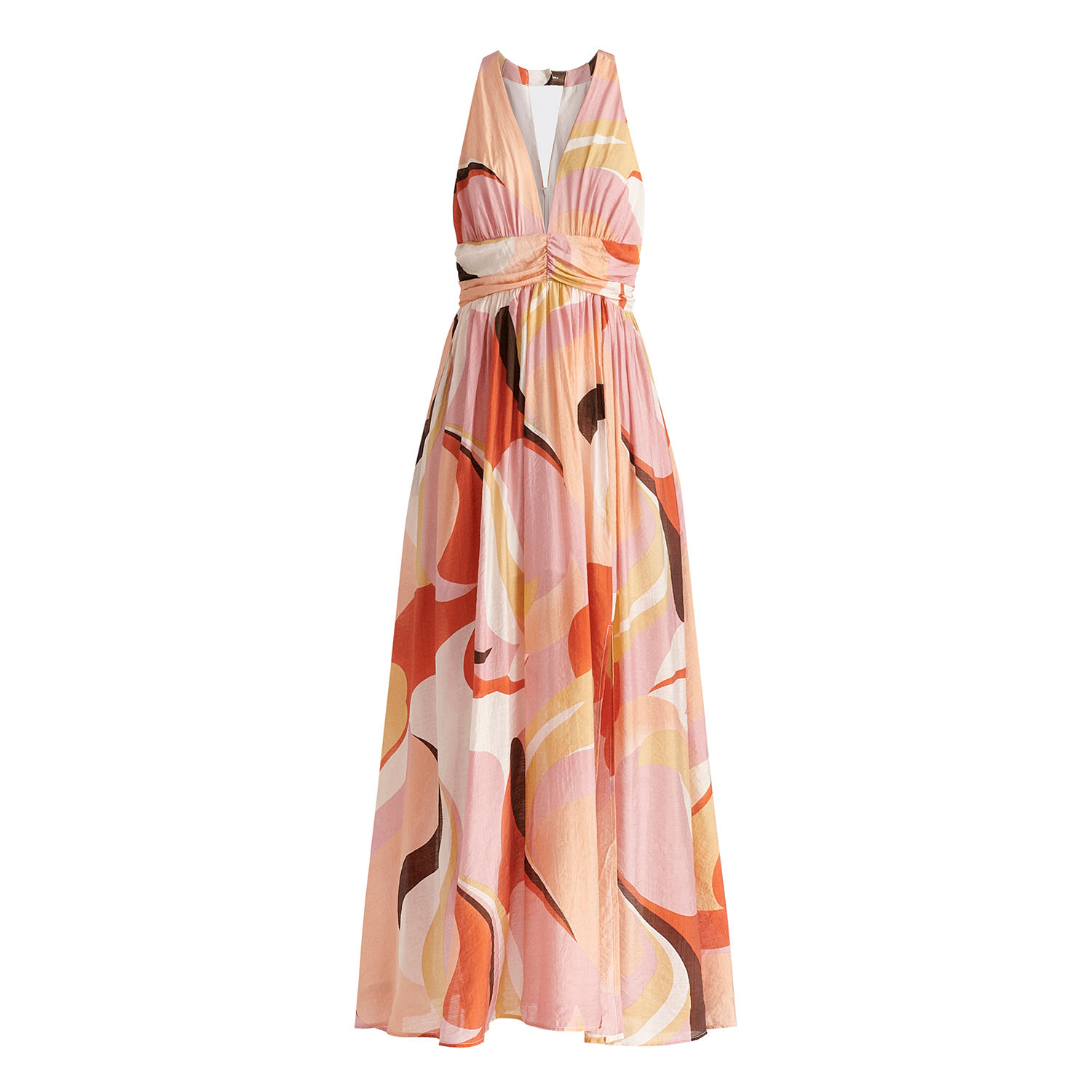Paisie Women's Retro Wave Halter Neck Maxi Dress In Red, Pink, Peach, Brown And White