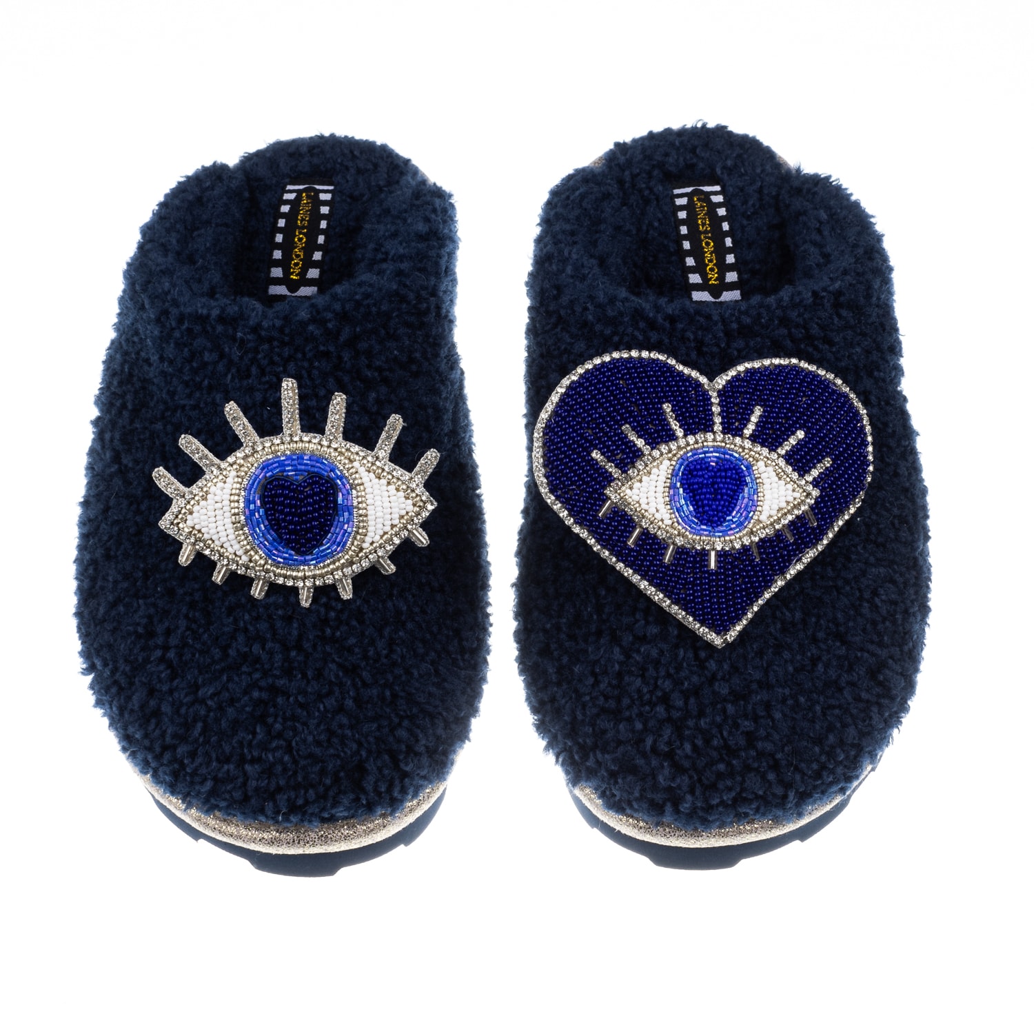 Women’s Teddy Towelling Closed Toe Slippers With Blue & Silver Double Eye Brooches - Navy Small Laines London