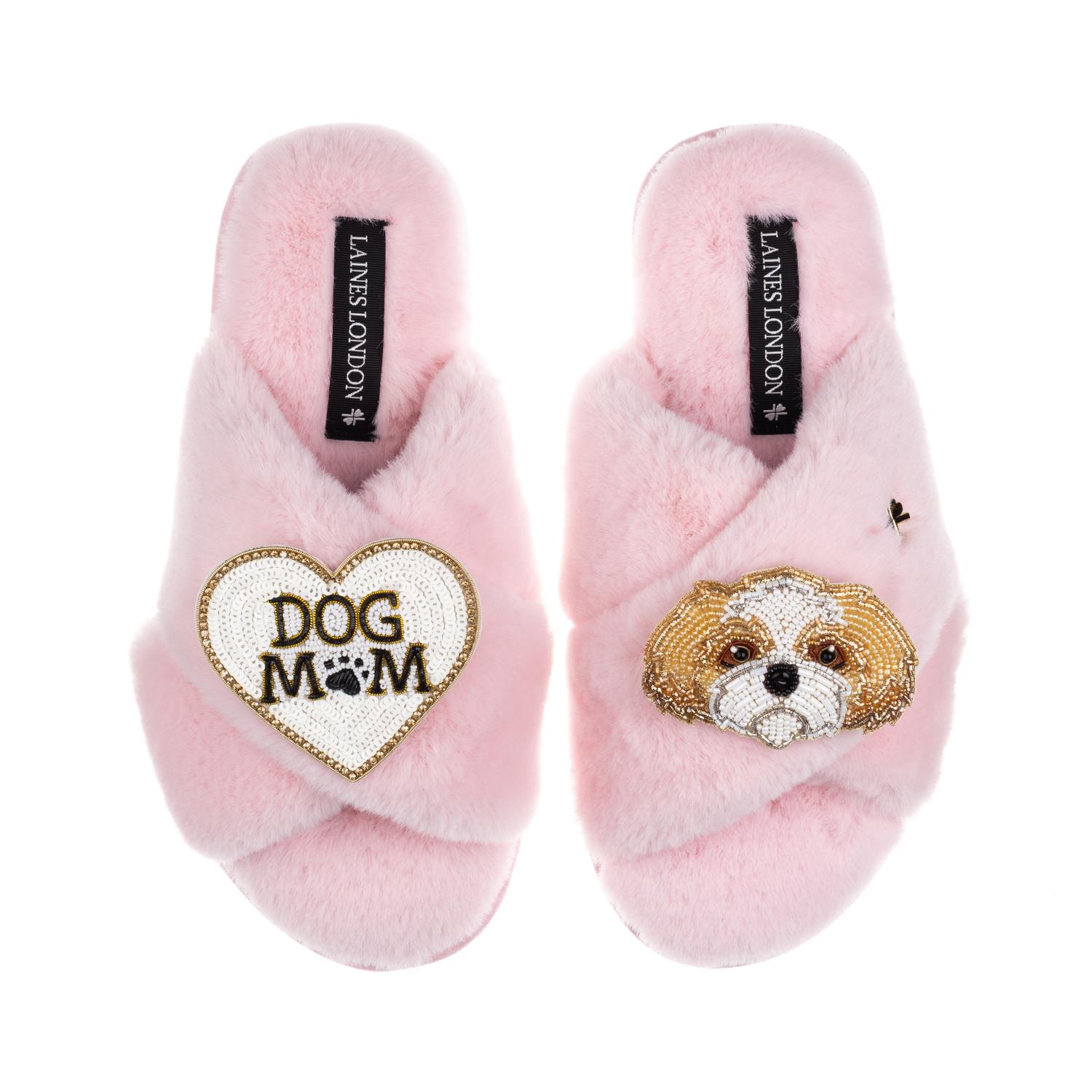 Laines London Women's Classic Laines Slippers With Dog Mum / Mom & Gold & White Shih Tzu Brooches - Pink In Pink