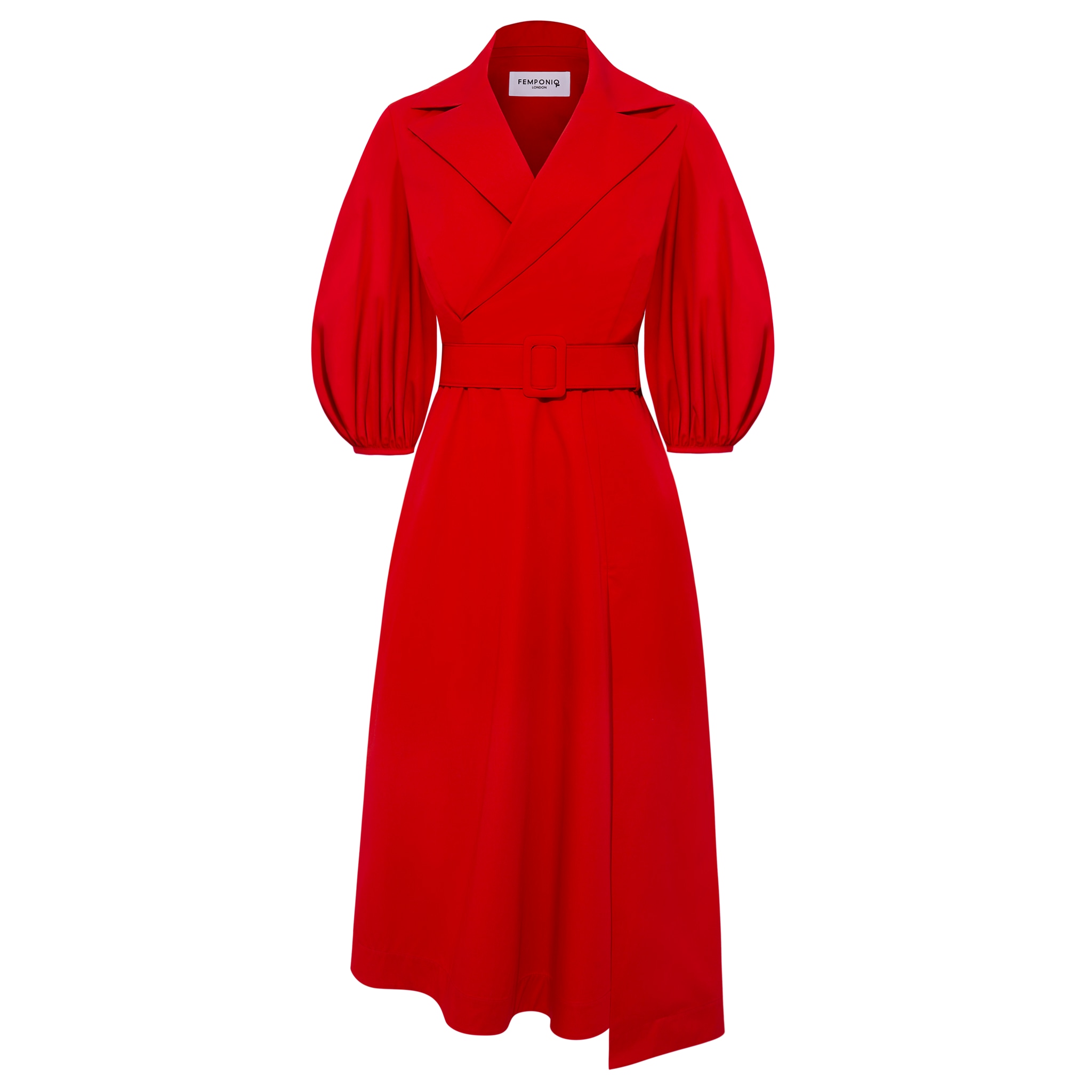 Femponiq Women's Wide Lapel Asymmetric Belted Midi Cotton Dress - Deep Red In Red