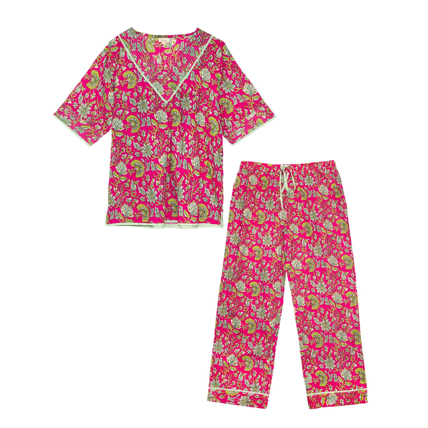 Women’s Pink / Purple Indian Cotton Floral Printed Pyjamas - Fuchsia Freesia Small Inara
