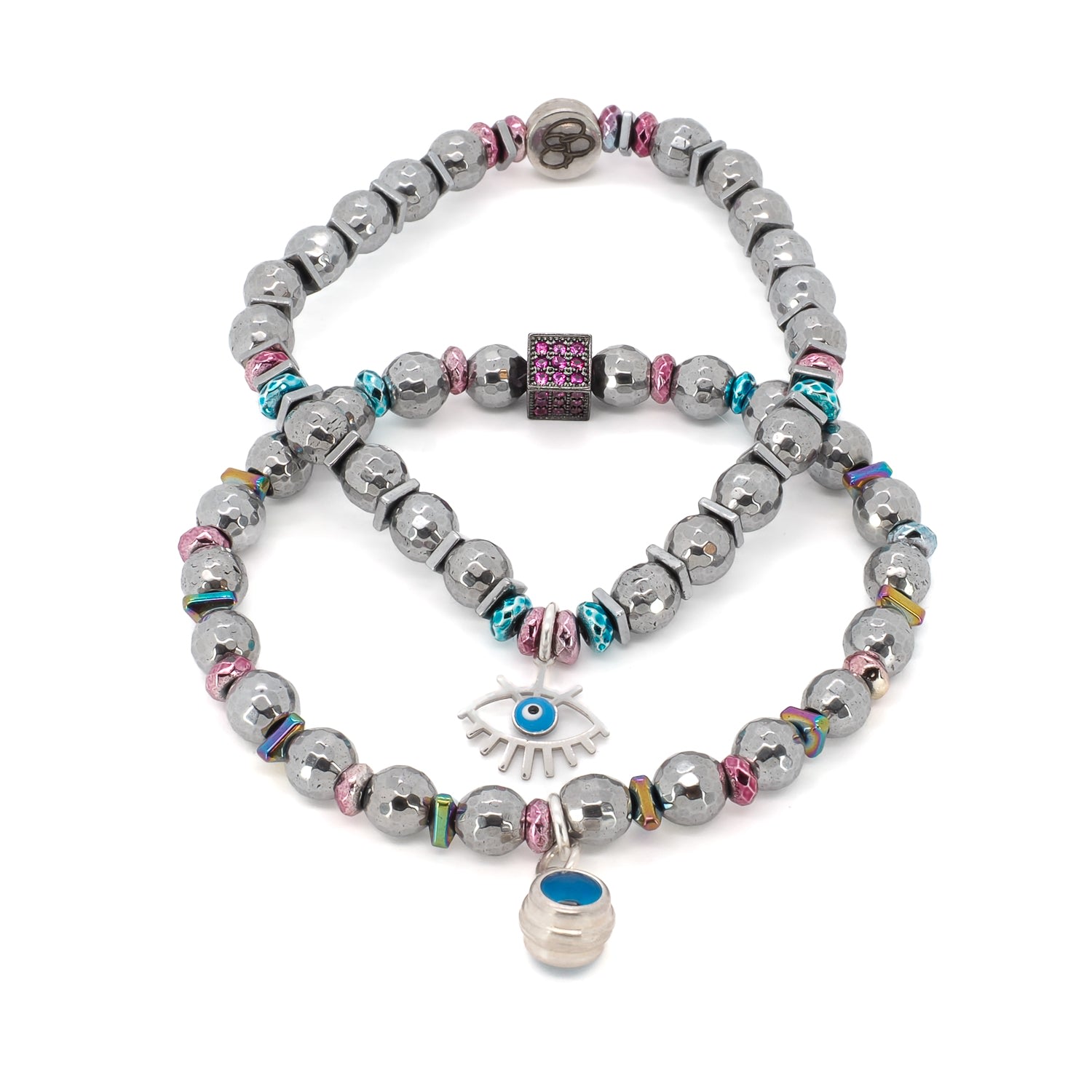 Women’s Pink / Purple / Silver Silver Hematite Stone Beaded Blue Evil Eye Bracelet Set - Silver Ebru Jewelry