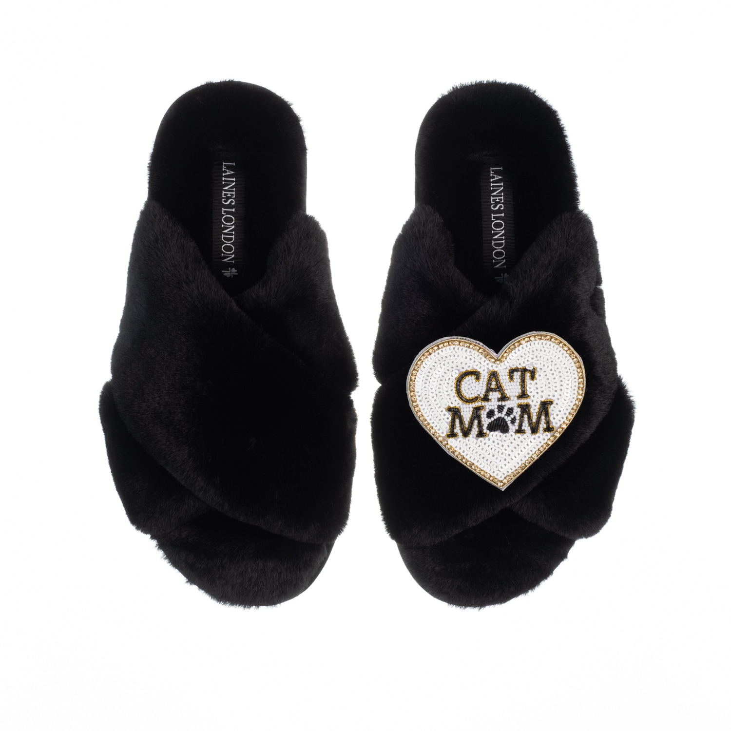 Women’s Classic Laines Slippers With Cat Mum /Mom Brooch - Black Large Laines London