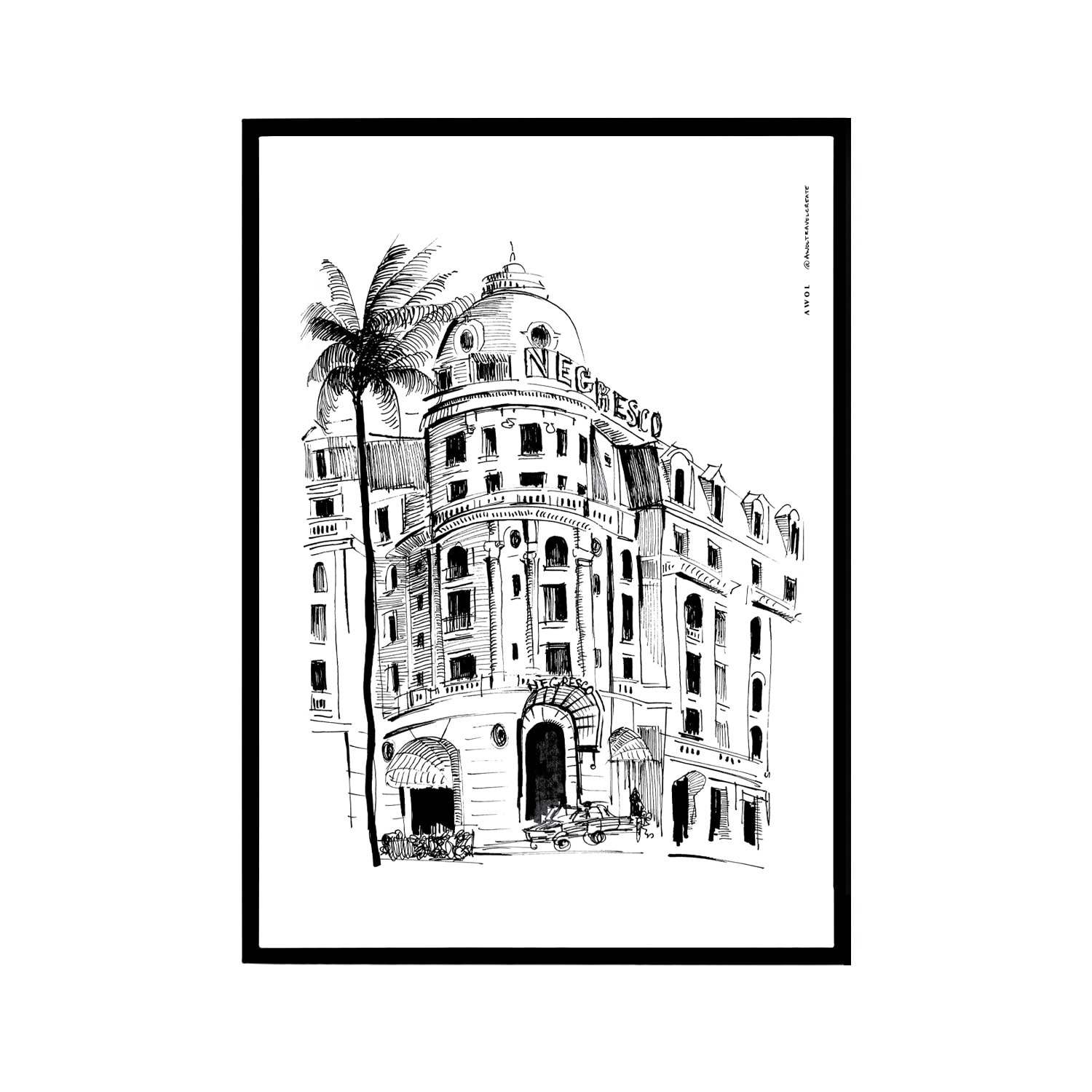 Black / White Nice, Promenade Des Anglais, Negresco Hotel Art Print: Souvenirs From The French Riviera A4 210 X 297Mm Awol