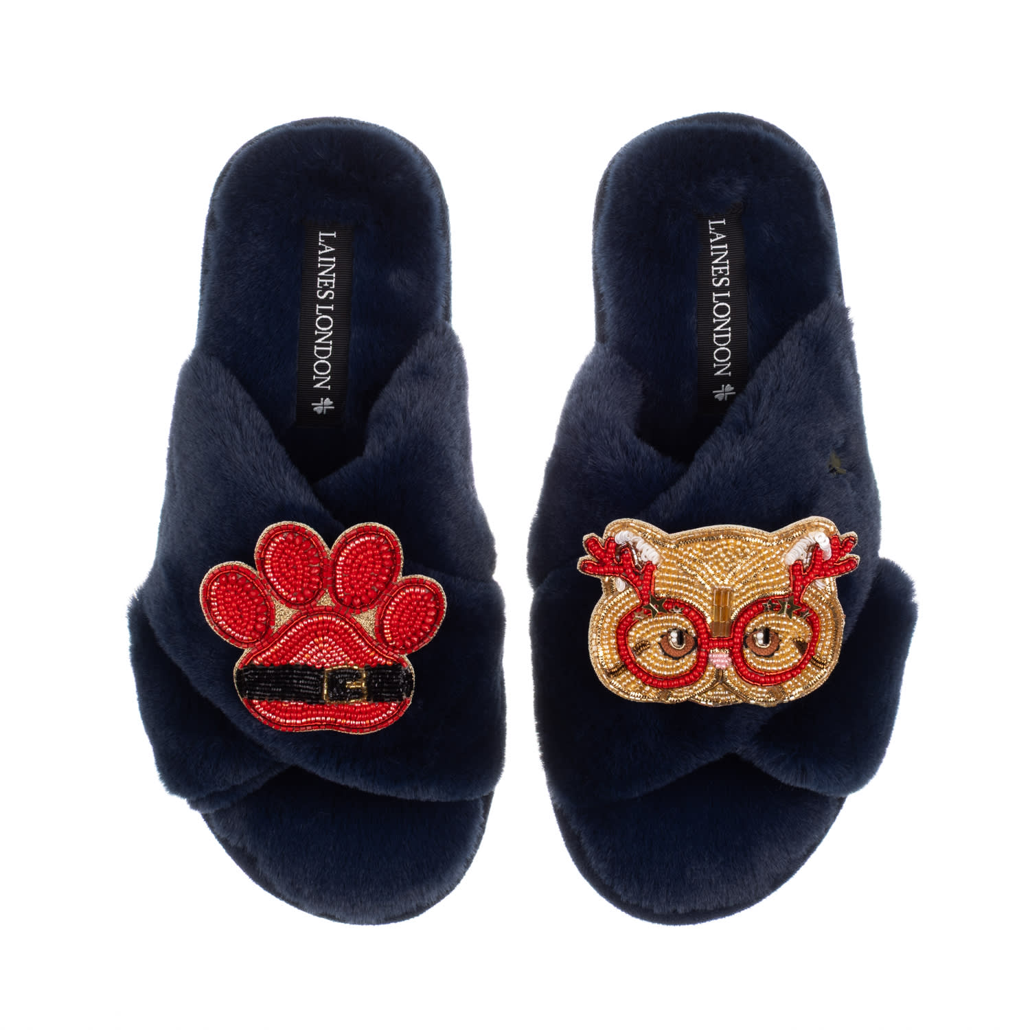 Laines London Women's Blue Classic Slippers With Christmas Golden British Shorthair Cat & Paw Brooches - Navy In Blue