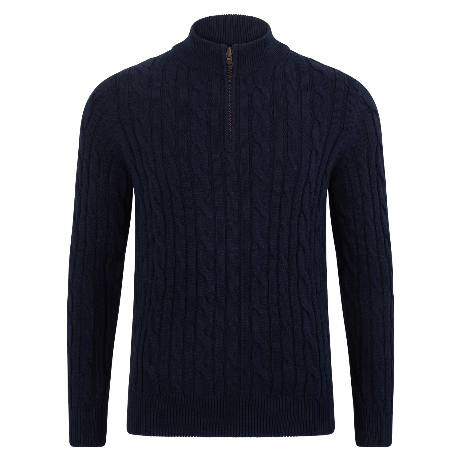 Blue Mens Midweight Romano Cotton Cable Zip Neck Jumper - Navy Medium Paul James Knitwear