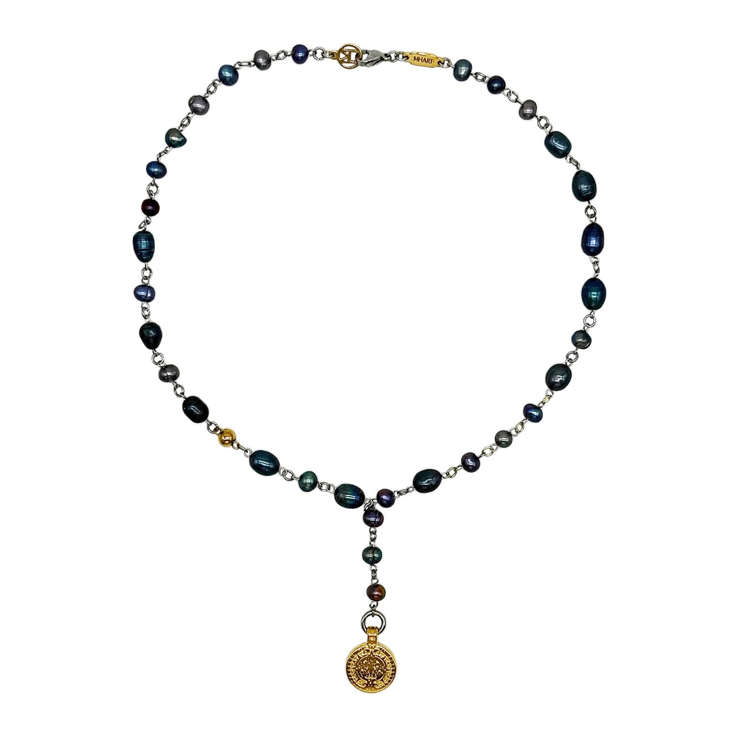 Mhart Women's Silver Luna Noir Coin Pearl Lariat