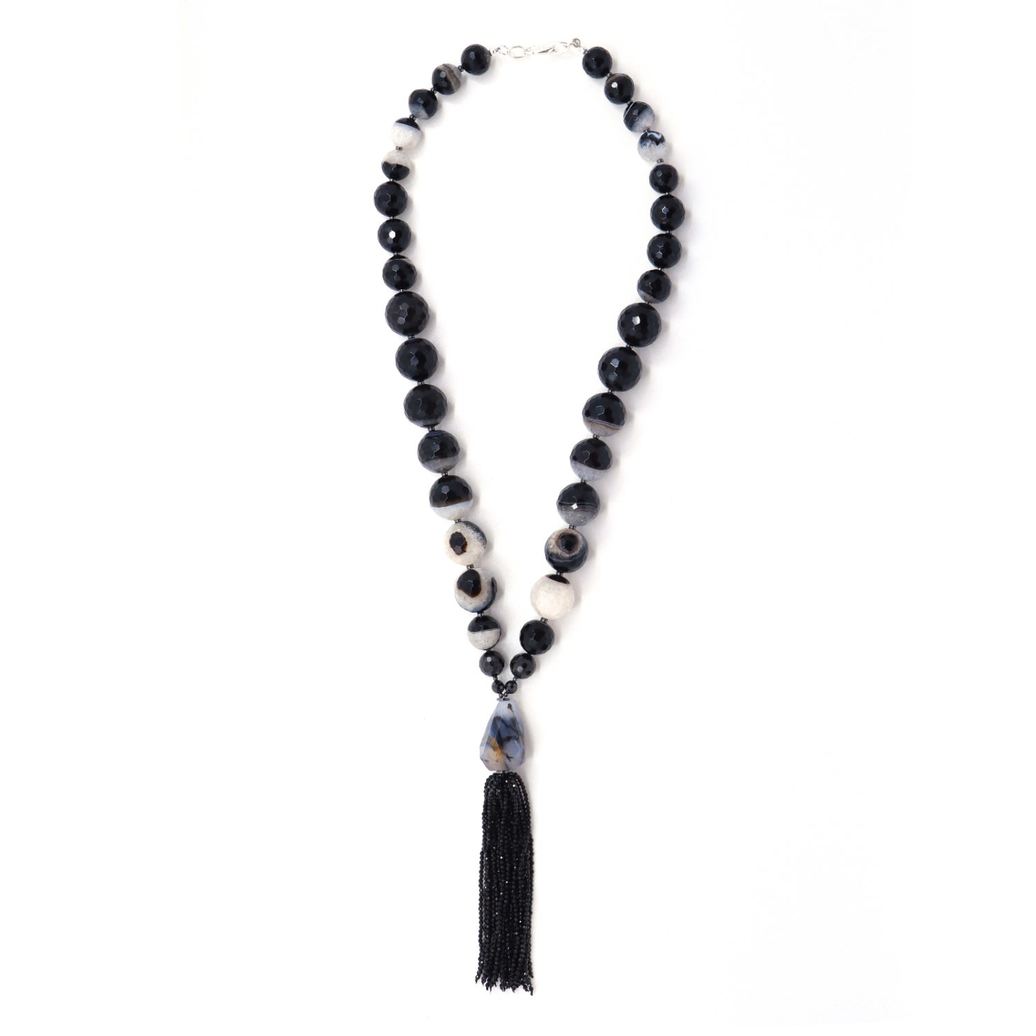Shar Oke Women's Black / White Clear Quartz & Black Agate, Black Cubic Zirconia & Black Spinel Tassel Beaded  In Multi
