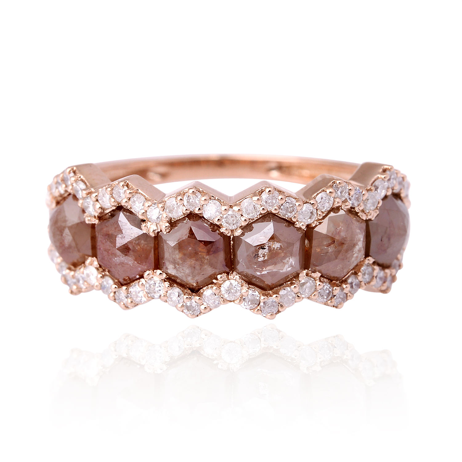 Women’s Pink / Purple / Brown Natural Octagon Cut Ice Diamond In Solid 18K Rose Gold Classic Band Ring Artisan