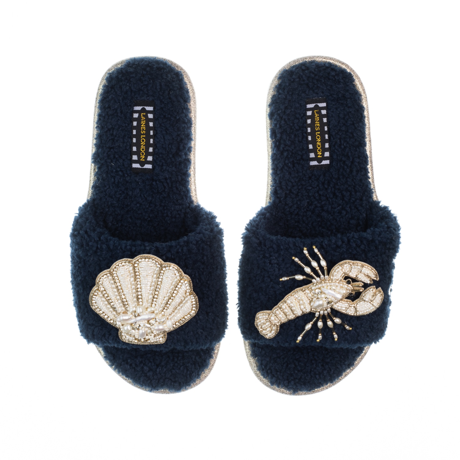 Laines London Women's Blue Teddy Toweling Slipper Sliders With Beaded Shell & Lobster Brooches - Navy In Blue