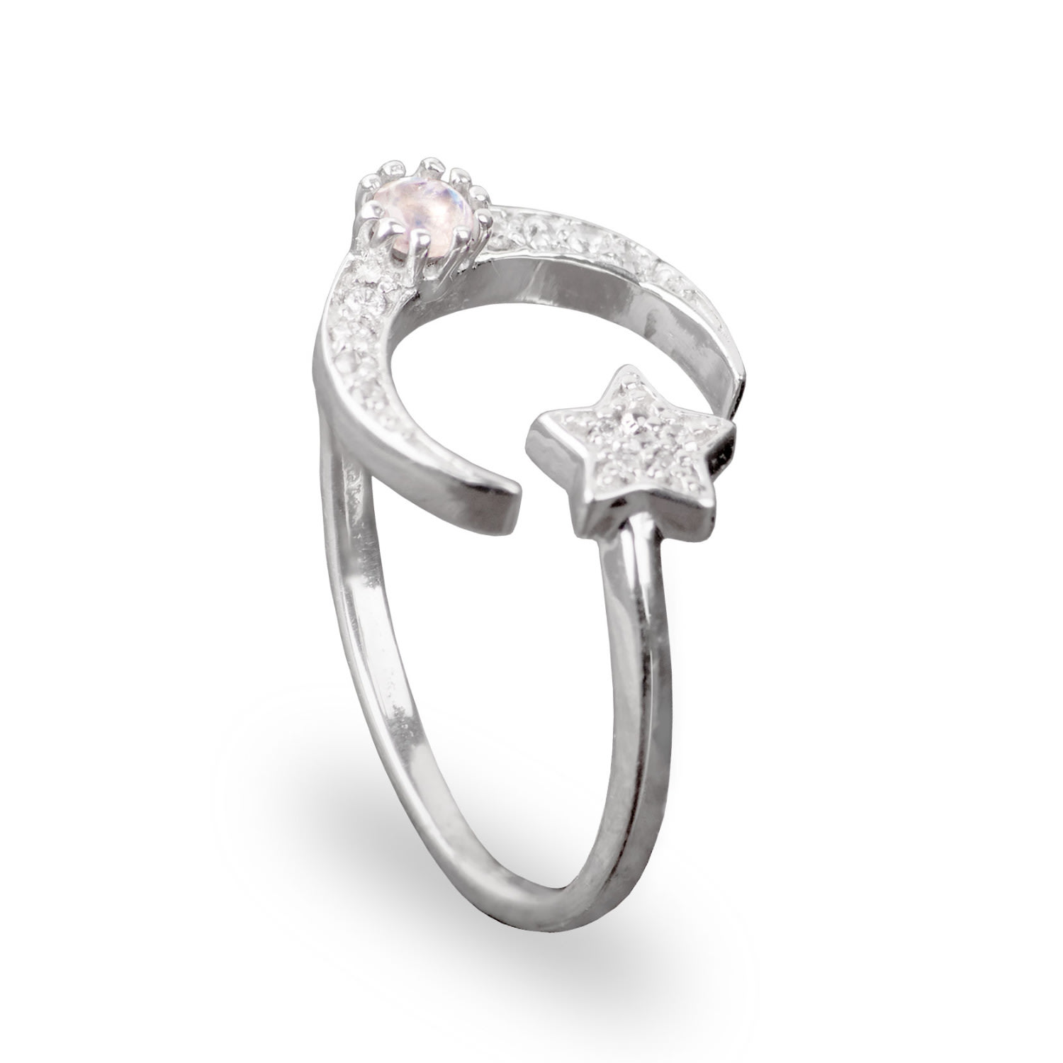 The Jewellery Store London Women's White / Silver Adjustable Ring With Star And Moon In Sterling Silver With Cz And Moonstone
