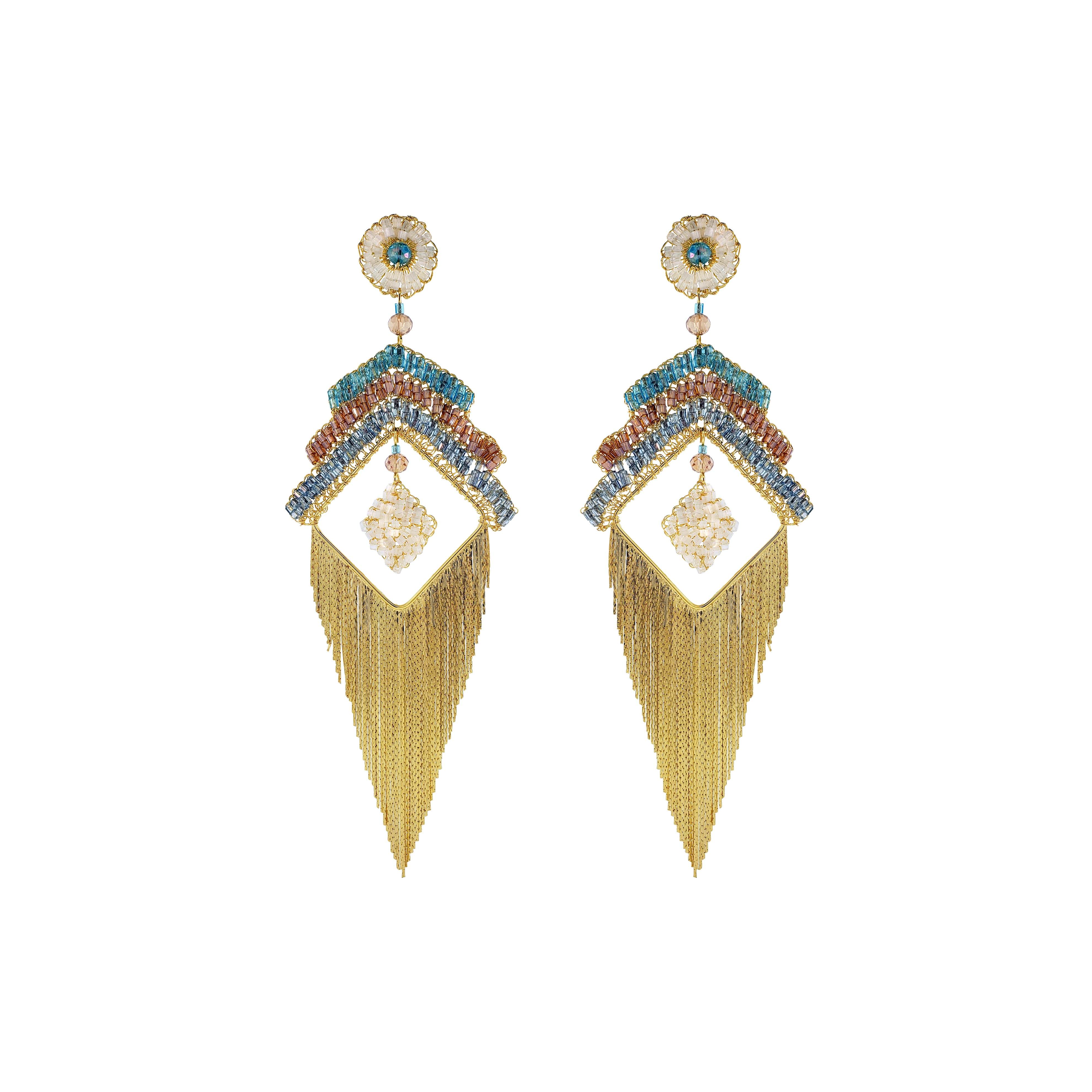 Lavish By Tricia Milaneze Women's Neutrals / Gold / Blue Seafoam Blue Mix Fergie Chandelier Handmade Crochet Earrings