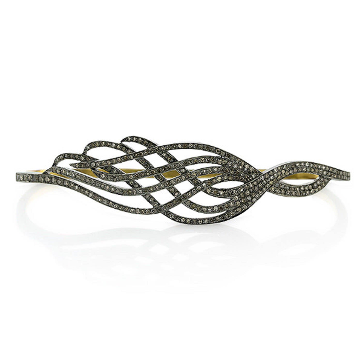 Women’s Gold / White Natural Diamond Pave In 18K Gold & 925 Sterling Silver Wave Design Palm Bracelet Artisan